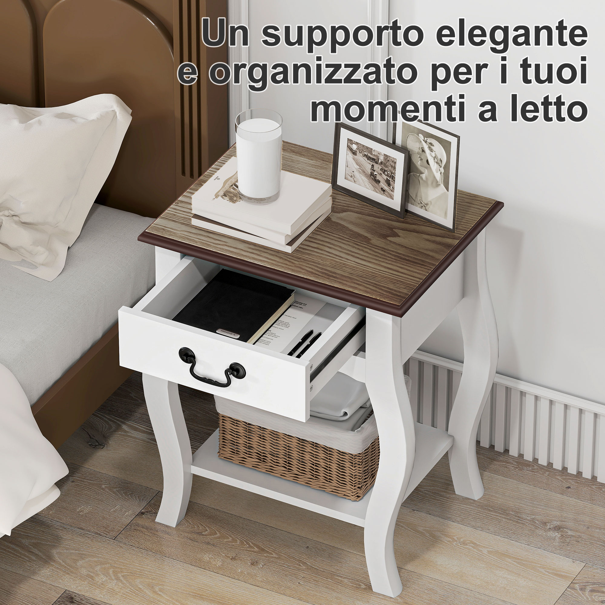 Comodino HOMCOM Con Cassetto E Ripiano Aperto – Design Moderno, Gambe In Pino, 45x38x50 Cm, Bianco