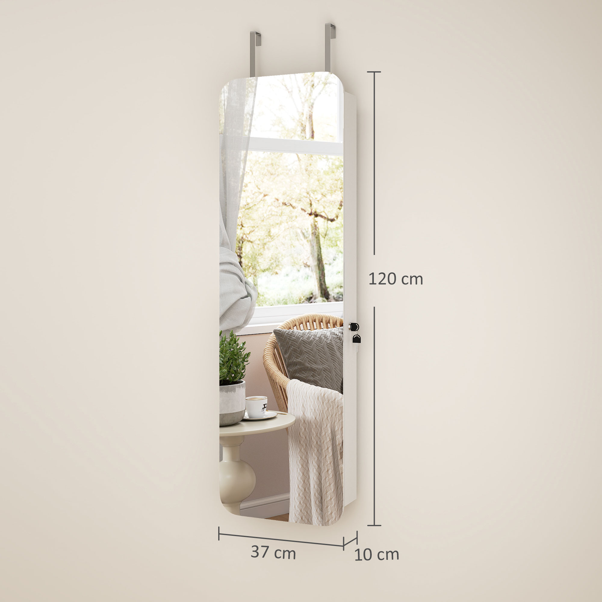  Dulap pentru Bijuterii Montat pe Perete cu Oglinda Interna si LED-uri, inaltime 120 cm, Economisire Spatiu pentru Usa, cu Sertare, incuietoare si Cheie, Raft Pliabil, Alb si Negru [2]