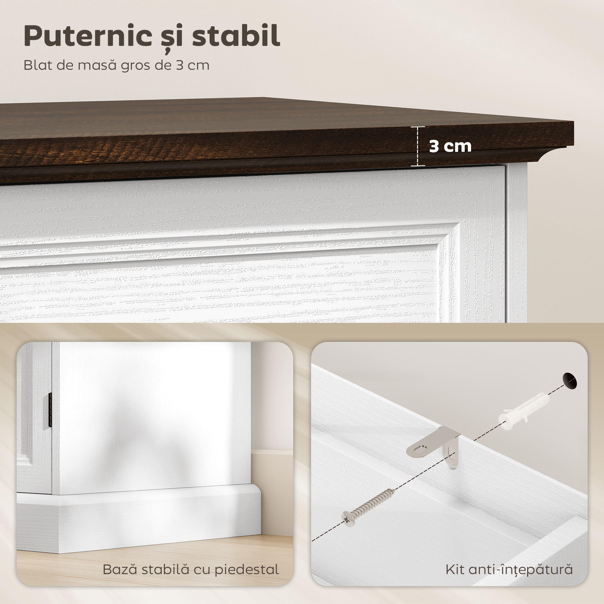  Credenta de Bucatarie, Mobilier de Bucatarie cu 4 Sertare Soft Close, Blat Gros, Bufet cu Rafturi Reglabile, Stil Rustic, pentru Sufragerie, Sala de Mese, 147x40x87 cm, Alb [5]