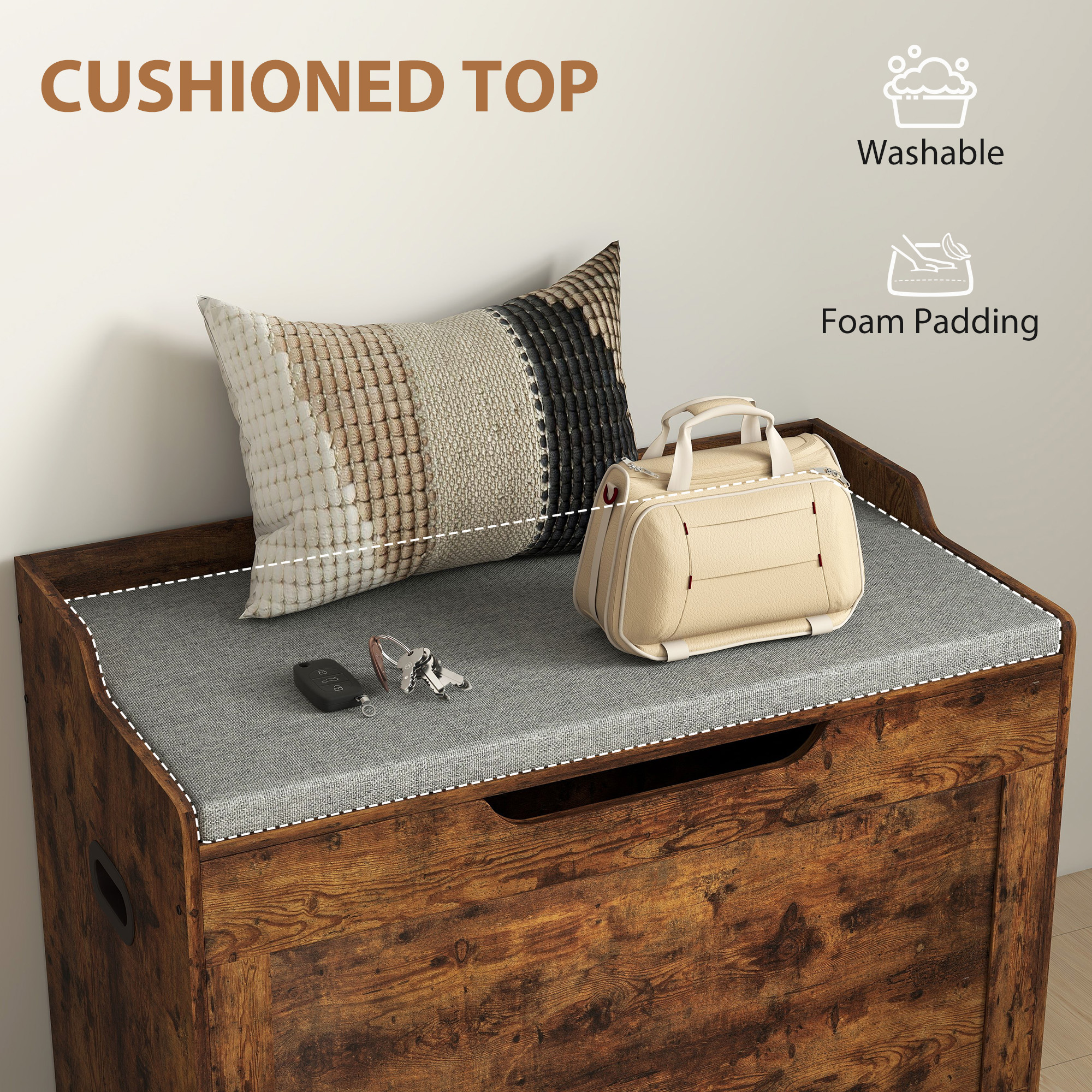  Banca de Depozitare de 103L Multifunctionala, nuanta de Lemn cu Perna din tesatura Gri, 75x40x56 cm [4]