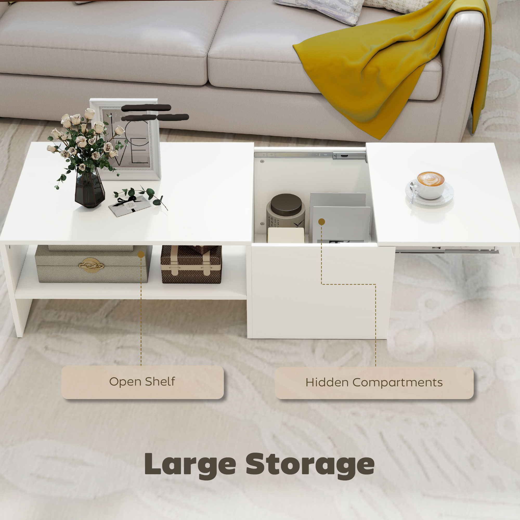  Masuta de Cafea din Lemn cu Blat Glisant si Raft Deschis si Ascuns, 110x52x36 cm, Alb [4]