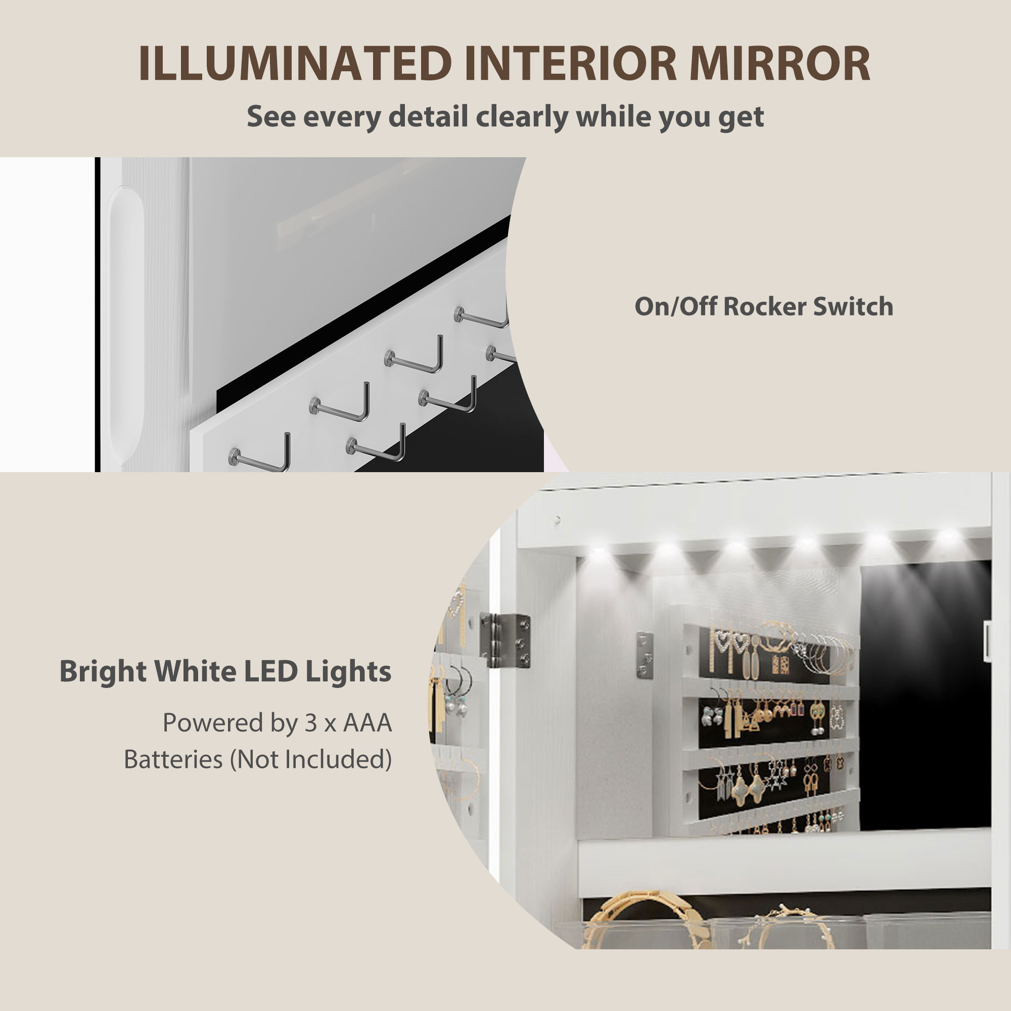  Dulap pentru Bijuterii Montat pe Perete cu Oglinda Interna si LED-uri, inaltime 120 cm, Economisire Spatiu pentru Usa, cu Sertare, incuietoare si Cheie, Raft Pliabil, Alb si Negru [4]