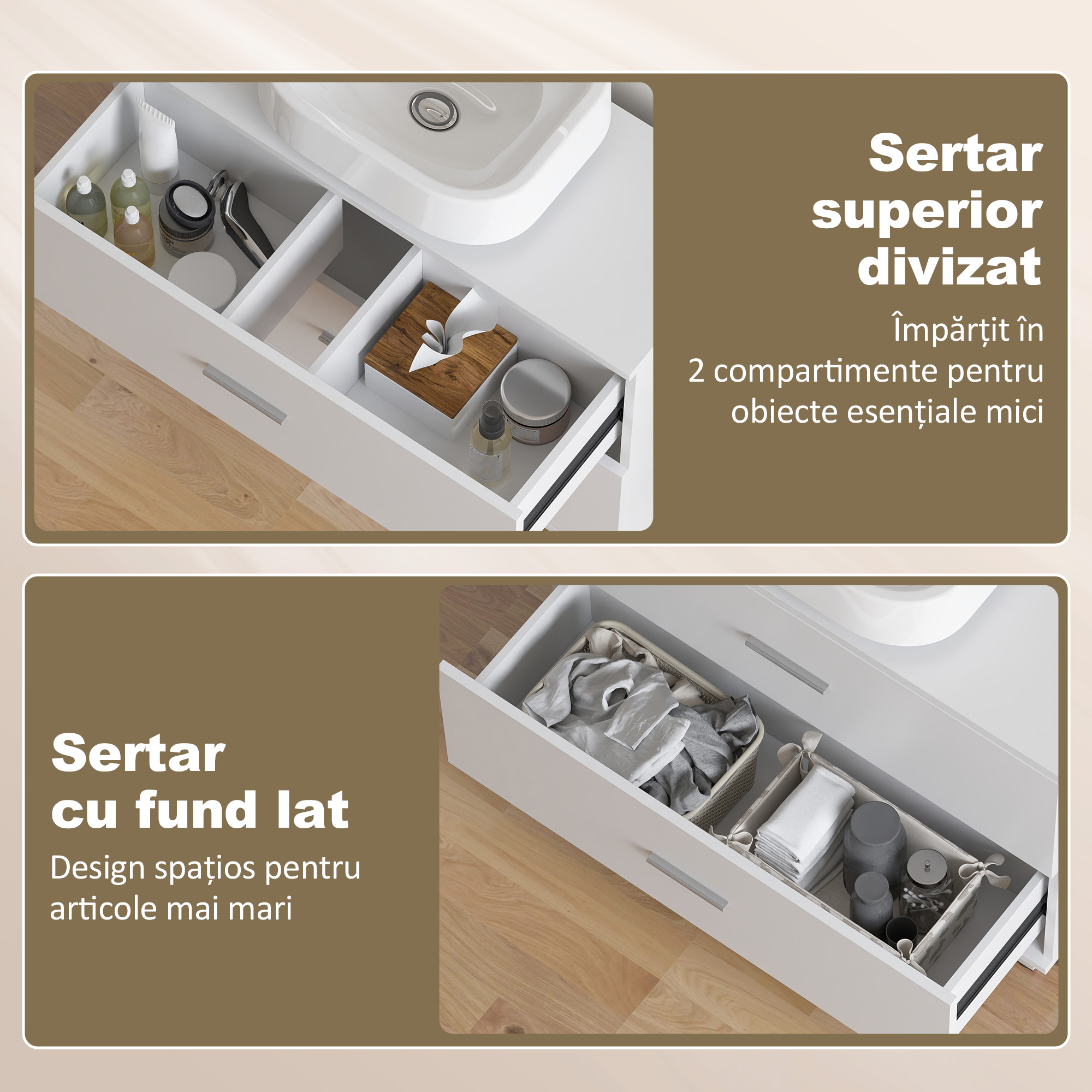  Dulap Sub Lavoar pentru Baie cu 2 Sertare, Dulap Modern si Economisitor de Spatiu pentru Lavoare Fara Piedestal, 80x30x60 cm, Alb [5]