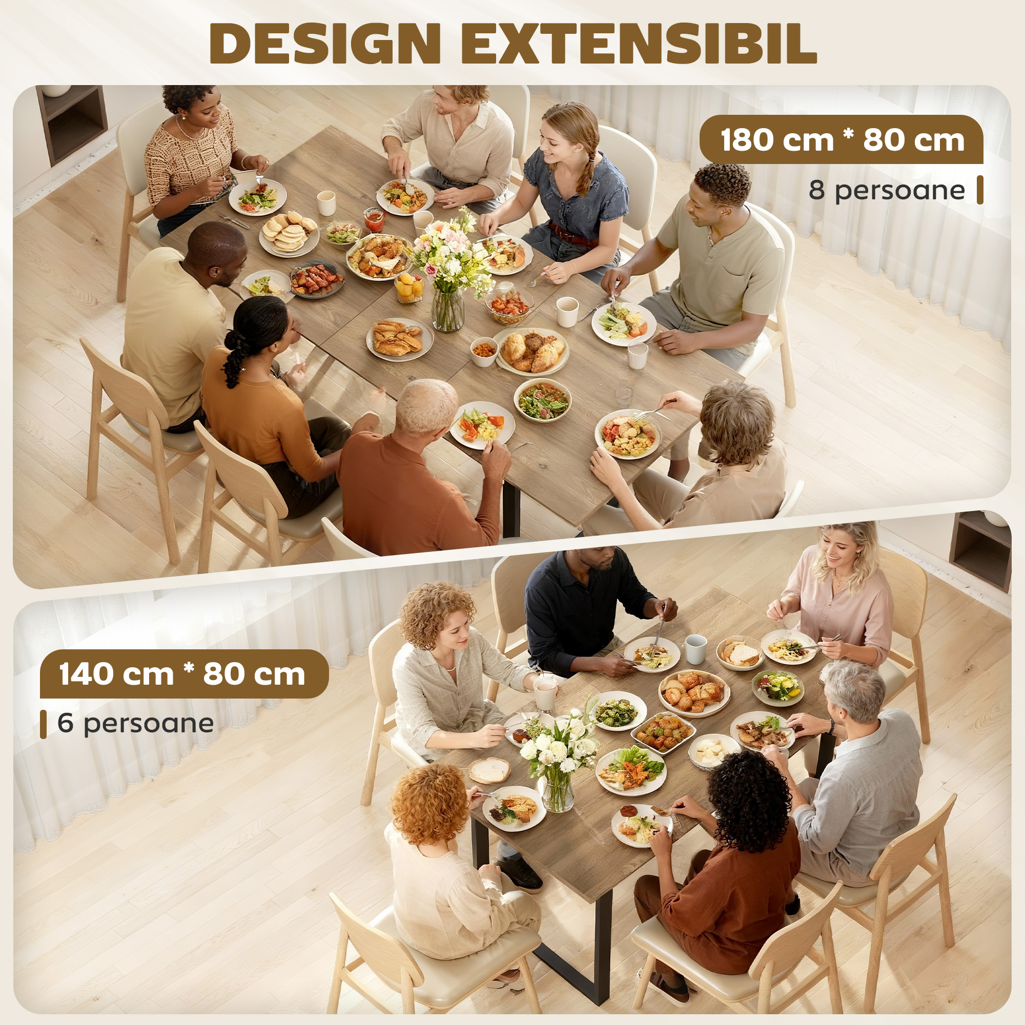  Masa de Dining Extensibila pentru 6-8 Persoane cu Panouri Ascunse, Masa Extensibila Dreptunghiulara cu Baza din Otel, Stil Industrial, pentru Sufragerie, Culoare Lemn [3]