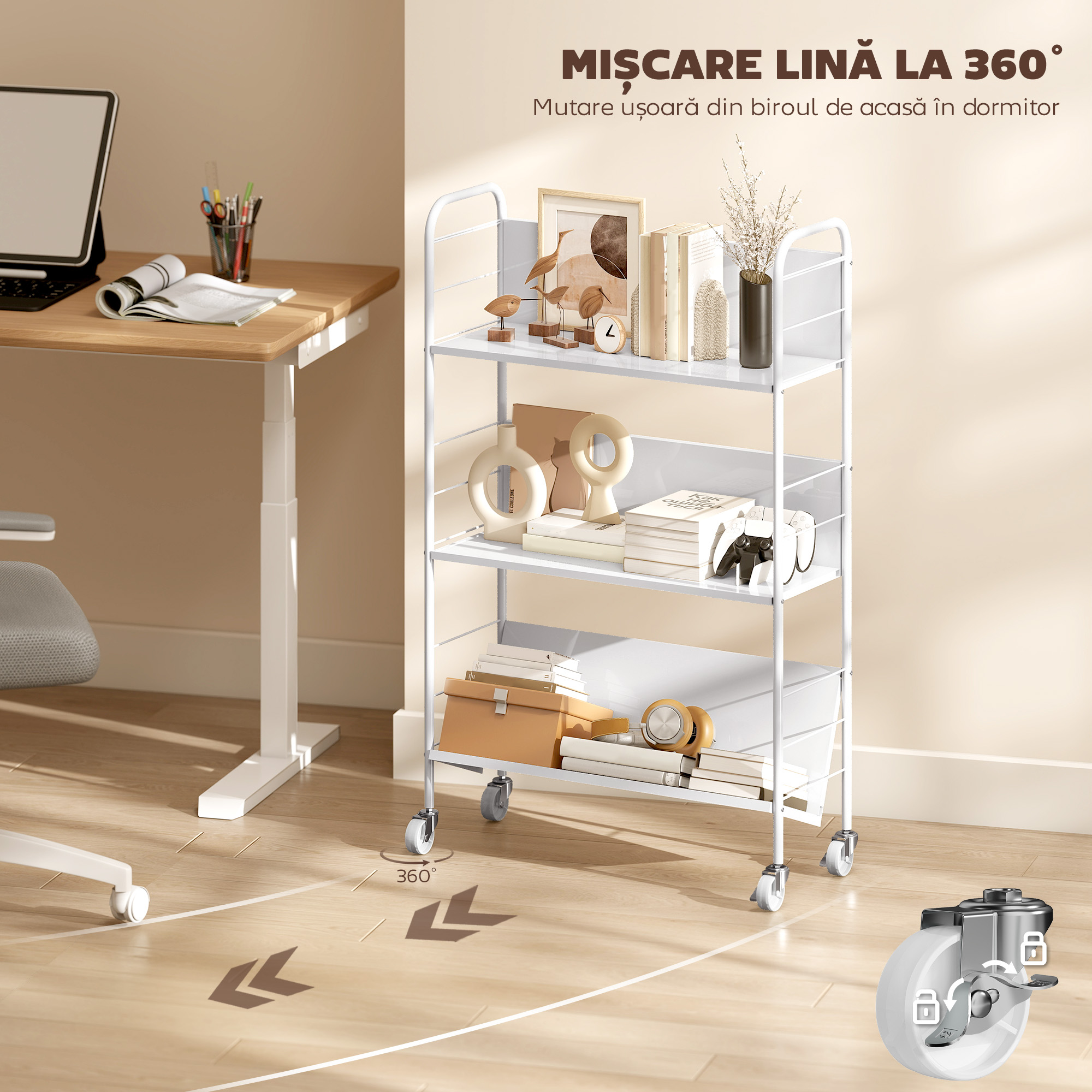  Carucior Modern pentru Carti cu 3 Nivele si Roti Pivotante pentru Carti si Reviste, 69x26x108 cm, Alb [4]