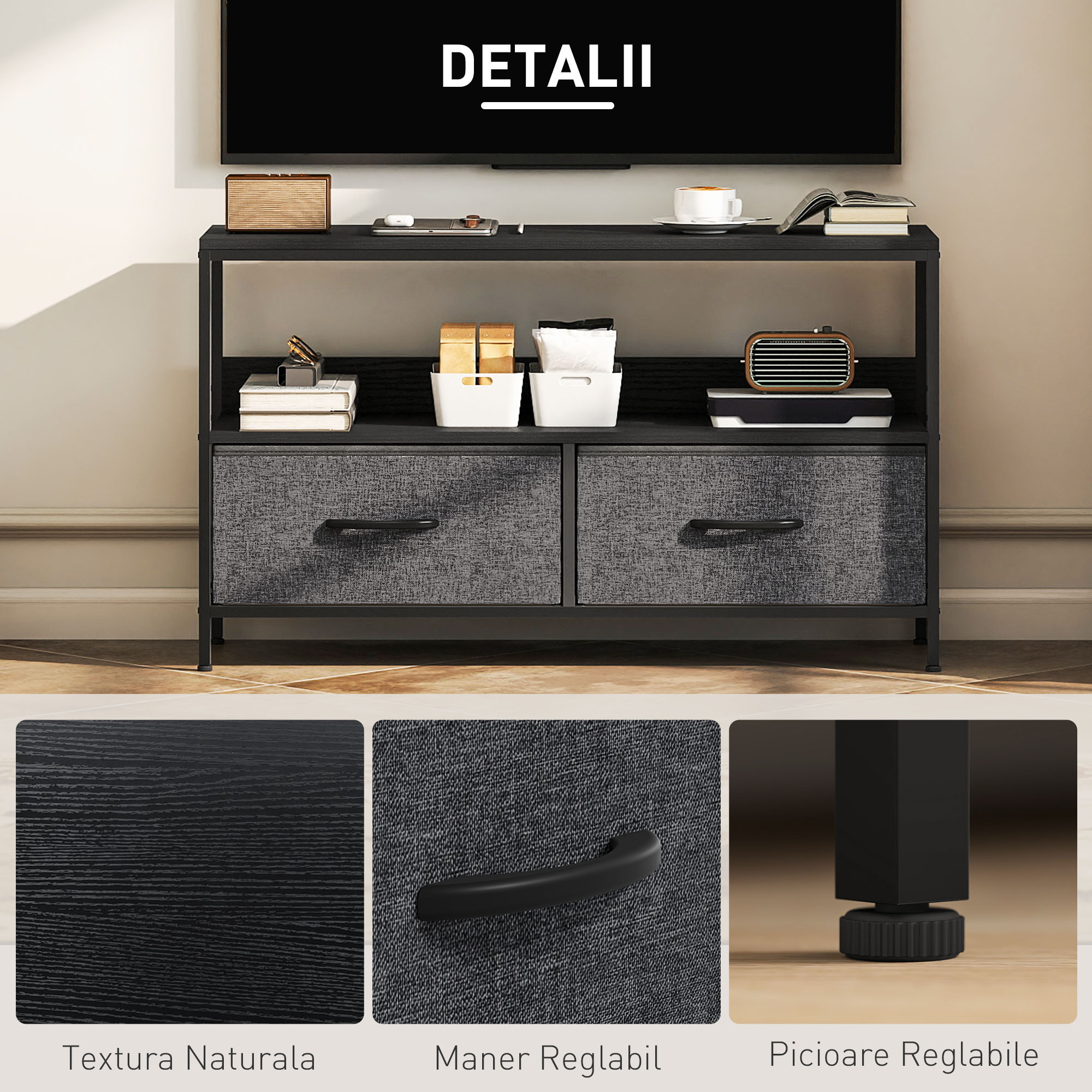  Mobilier pentru Televizor de 47" cu Sertare Pliabile din Material Textil si Raft, 98x29x56 cm, Negru [5]