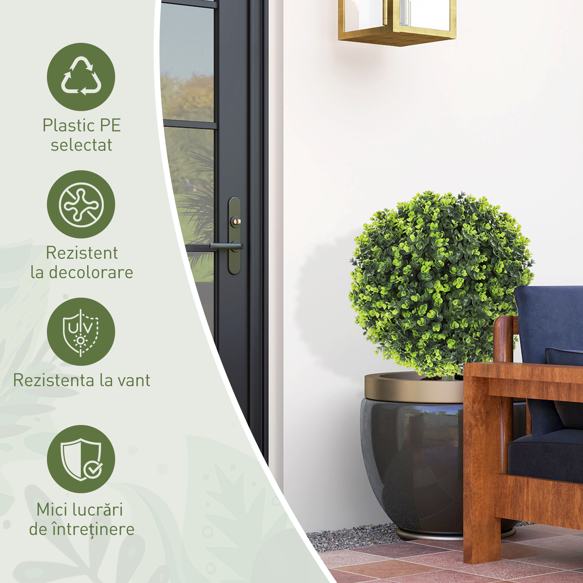  Set 2 Plante Artificiale de Buxus de 40 cm cu Tija Integrata pentru Interior si Exterior, Verde [6]