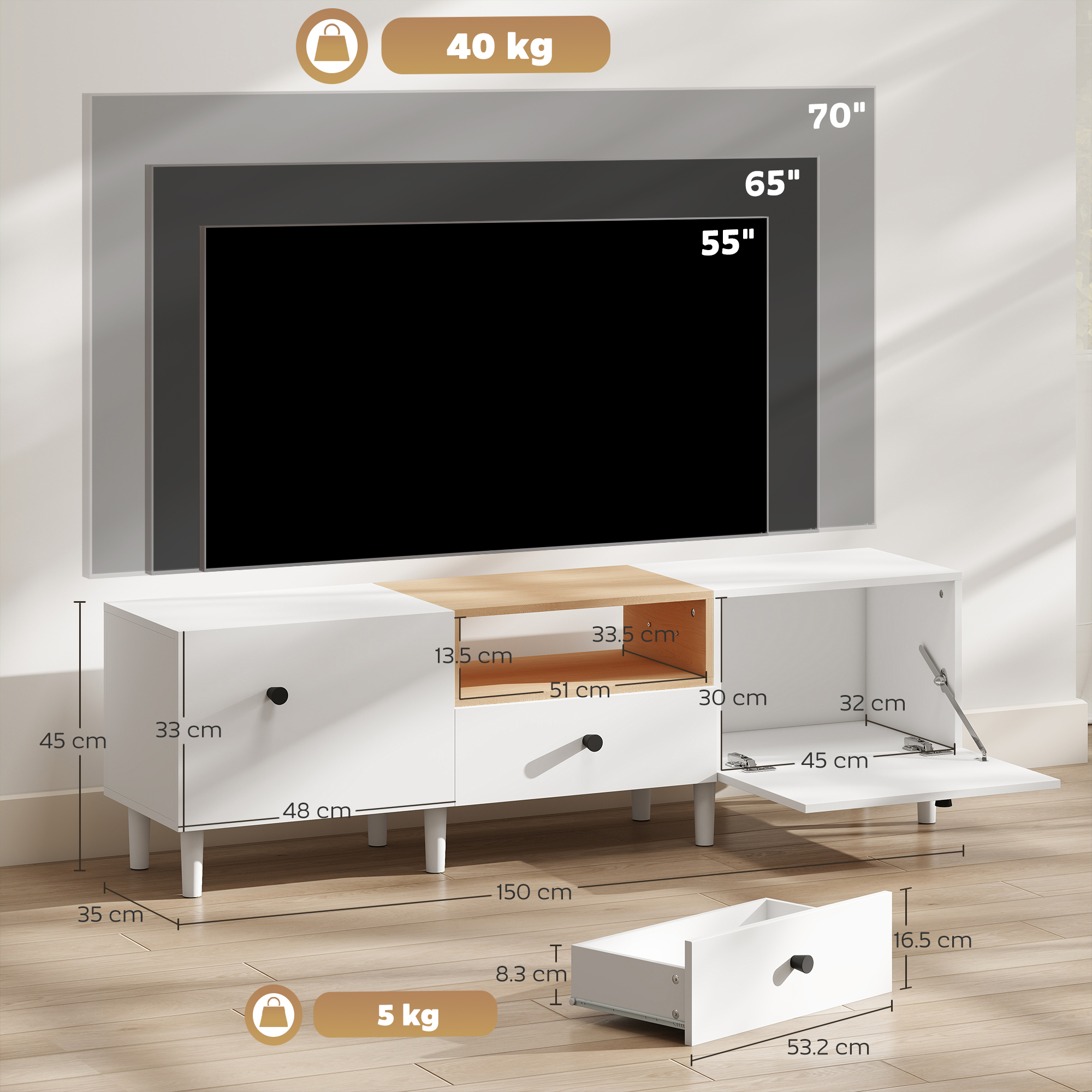  Mobilier TV, Suport TV pana la 70" cu 2 Usi Rabatabile, Balamale Soft Close, Sertar, Raft Deschis, 8 Picioare, 150x35x45 cm, Alb si Lemn [2]