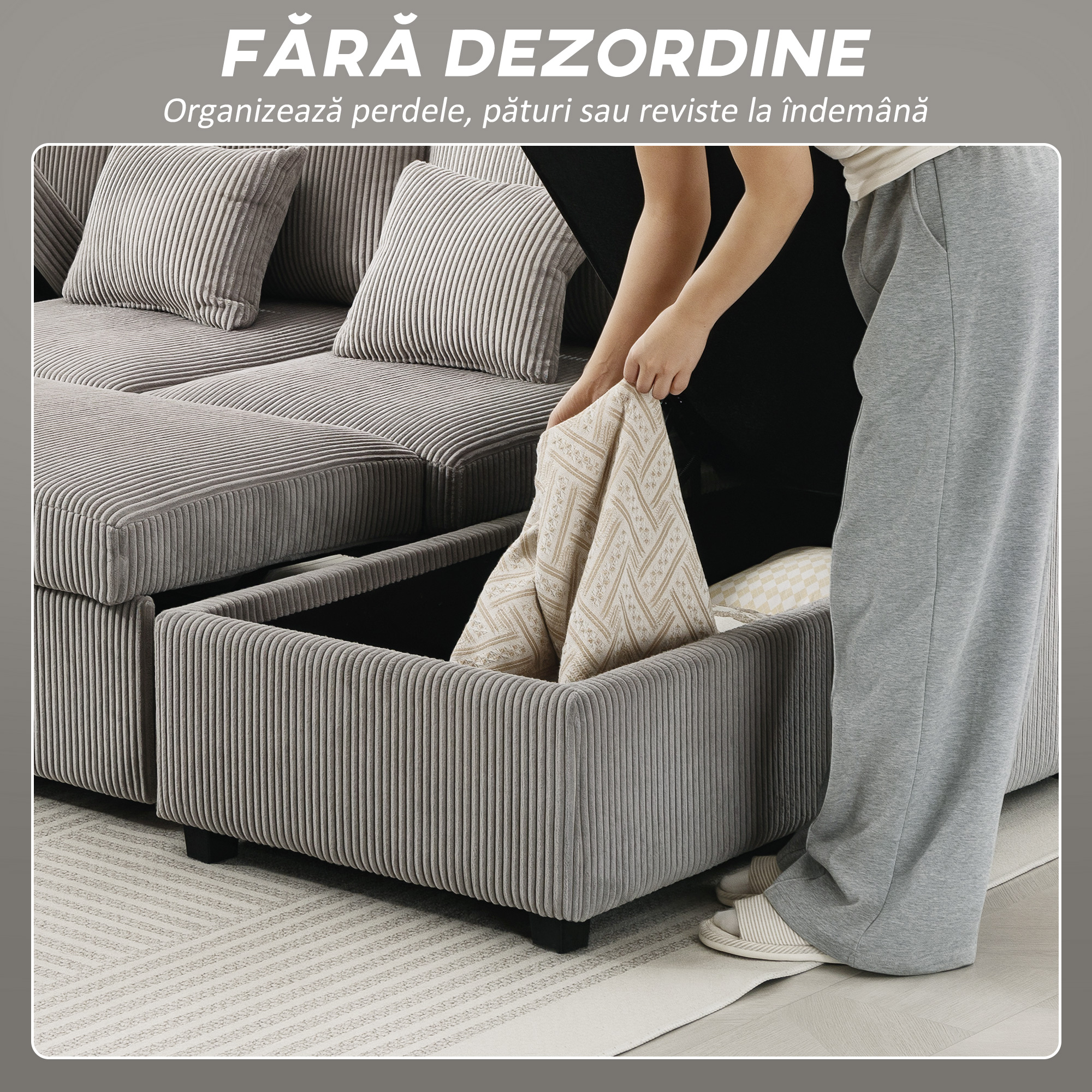  Canapea Extensibila Moderna in Forma de U si Spatii de Depozitare, Catifea Reiata, 282x140x86 cm, Gri [5]