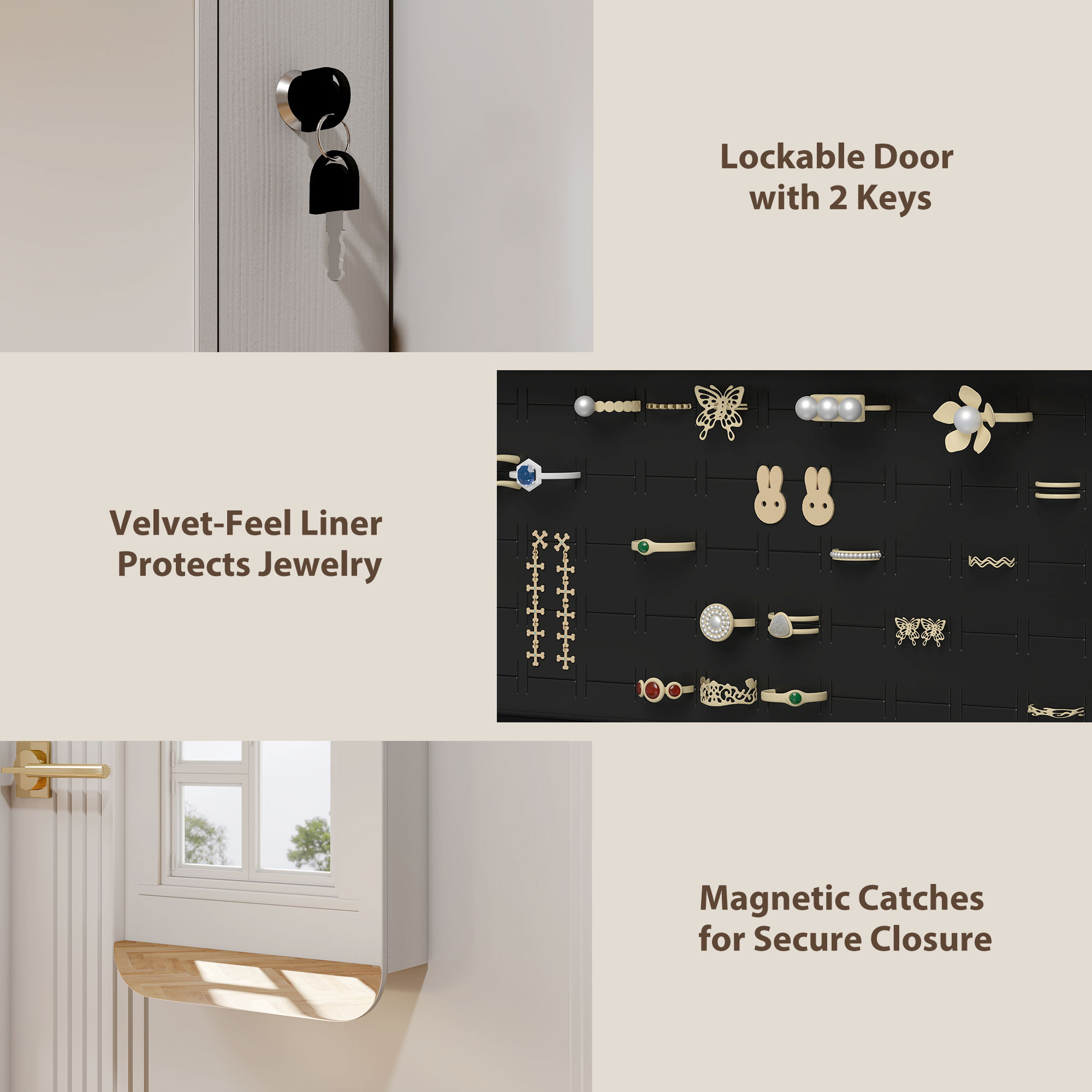  Dulap pentru Bijuterii Montat pe Perete cu Oglinda Interna si LED-uri, inaltime 120 cm, Economisire Spatiu pentru Usa, cu Sertare, incuietoare si Cheie, Raft Pliabil, Alb si Negru [7]