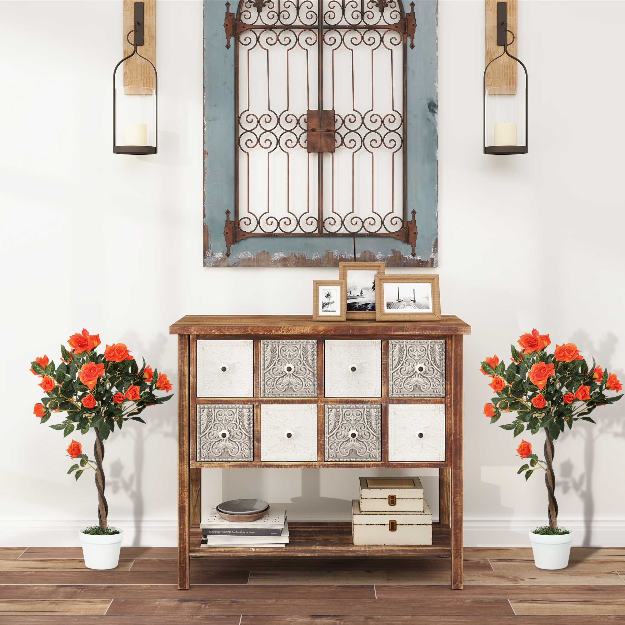  Planta Artificiala de Trandafir cu 21 de Flori Ø18x90 cm Portocaliu cu Vas [3]