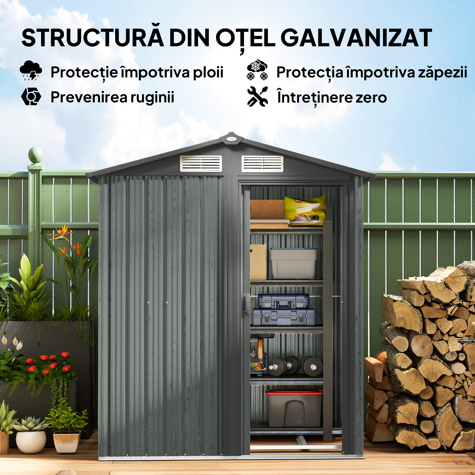  Casuta de Gradina pentru Unelte din Otel cu Acoperis inclinat si 4 Ferestre de Ventilatie, 152x132x188 cm, Gri [3]