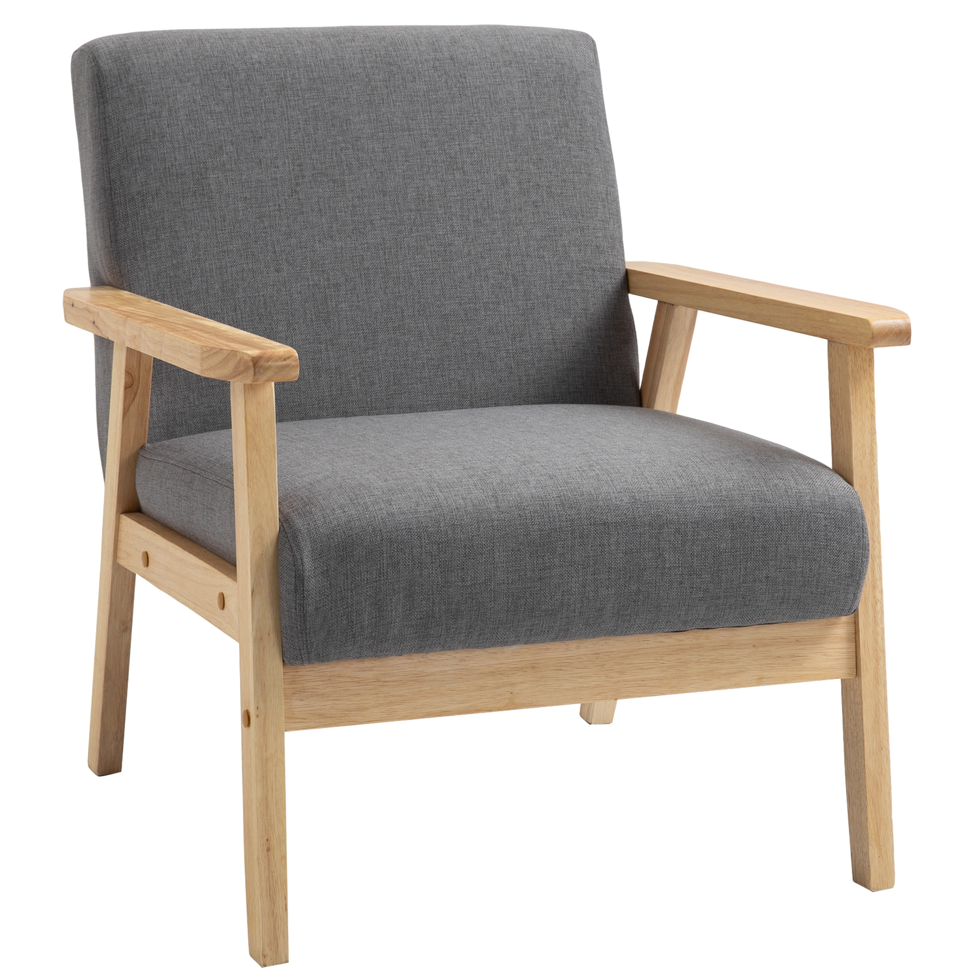 HOMCOM Fotel w stylu skandynawskim, Fotel akcentowy, Lite drewno, Imitacja lnu, 64 cm x 70 cm x 72 cm, Szary + Natura