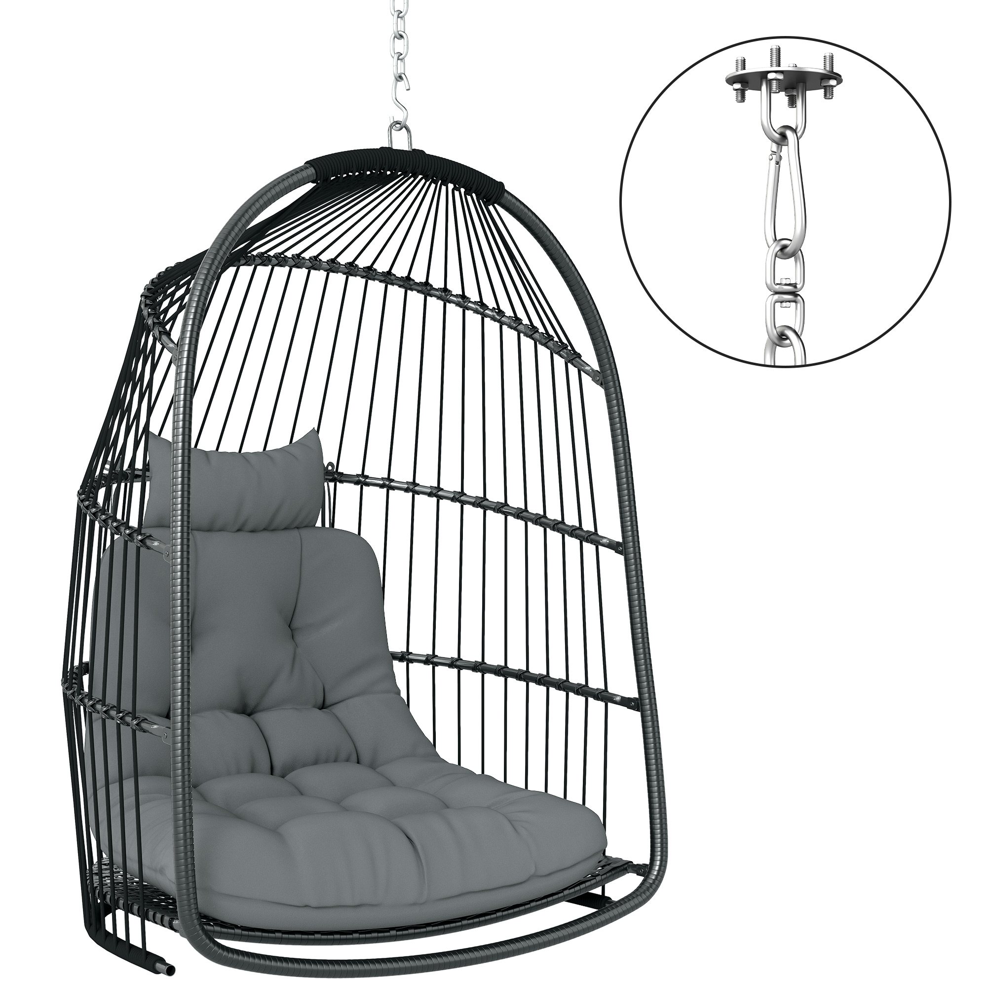 Outsunny Wiszący fotel z poduszką, rattan, na zewnątrz i wewnątrz, składany, do 150 kg, ciemnoszary