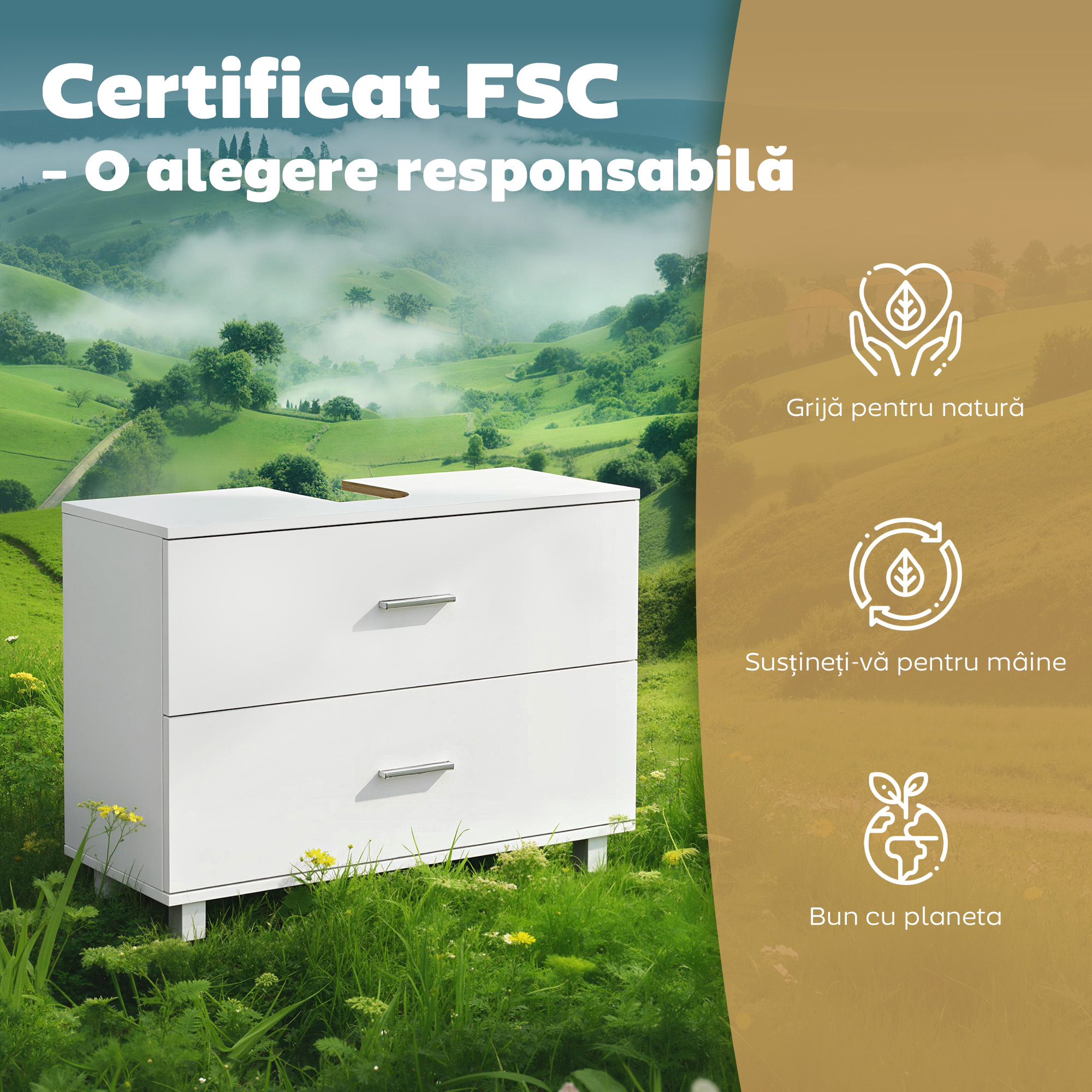  Dulap Sub Lavoar pentru Baie cu 2 Sertare, Dulap Modern si Economisitor de Spatiu pentru Lavoare Fara Piedestal, 80x30x60 cm, Alb [6]