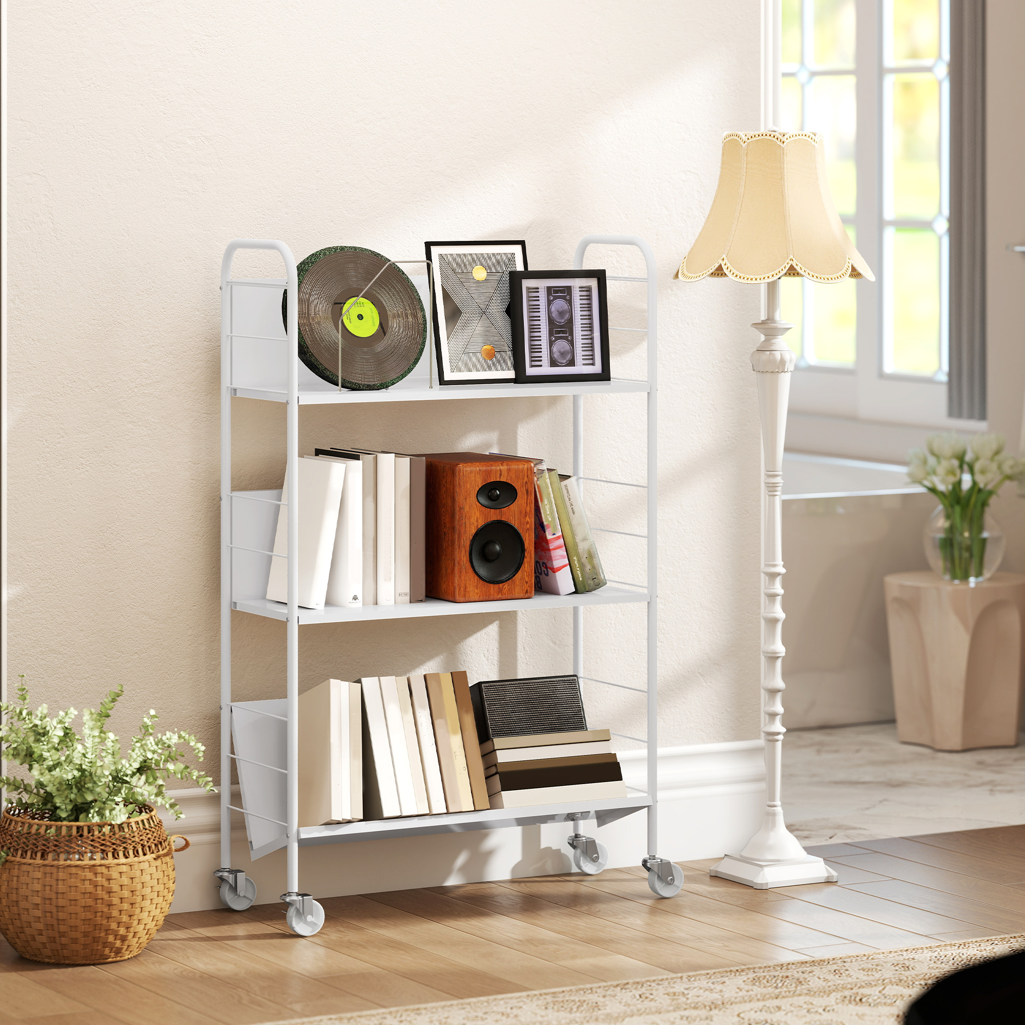  Carucior Modern pentru Carti cu 3 Nivele si Roti Pivotante pentru Carti si Reviste, 69x26x108 cm, Alb [8]