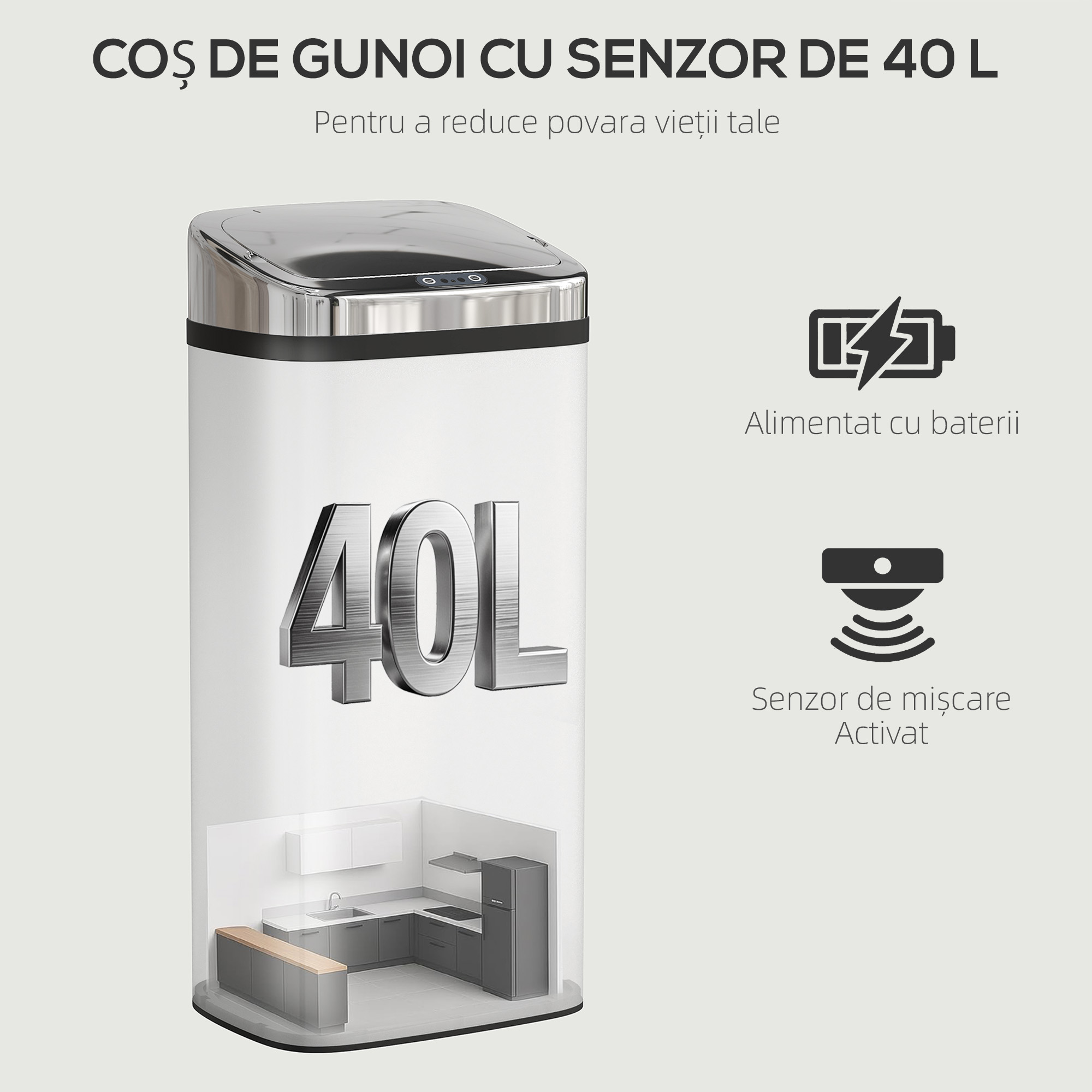  Cos de Gunoi Automat de 40L cu Senzor, Structura din Otel, 33x25x70 cm, Argintiu [3]