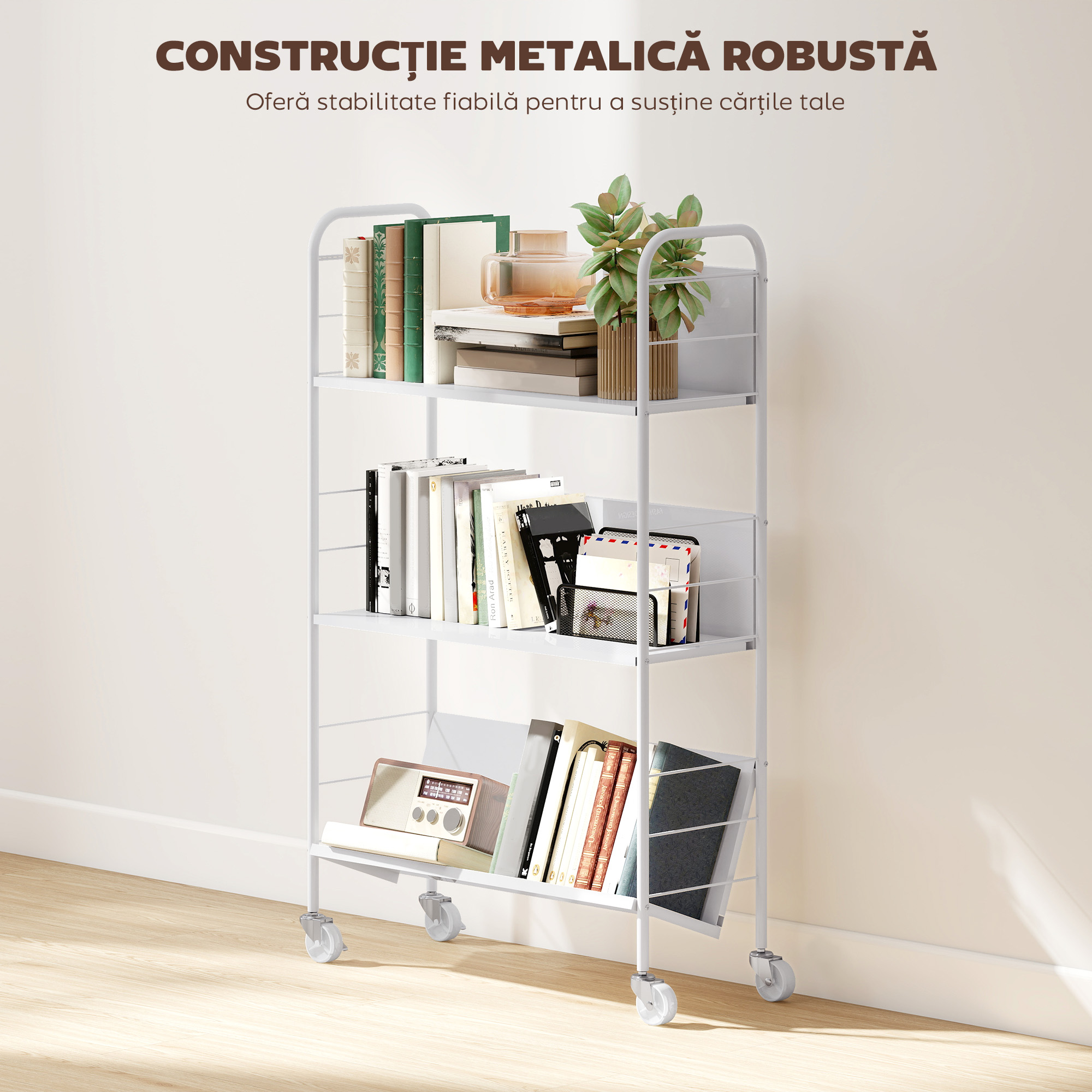  Carucior Modern pentru Carti cu 3 Nivele si Roti Pivotante pentru Carti si Reviste, 69x26x108 cm, Alb [3]