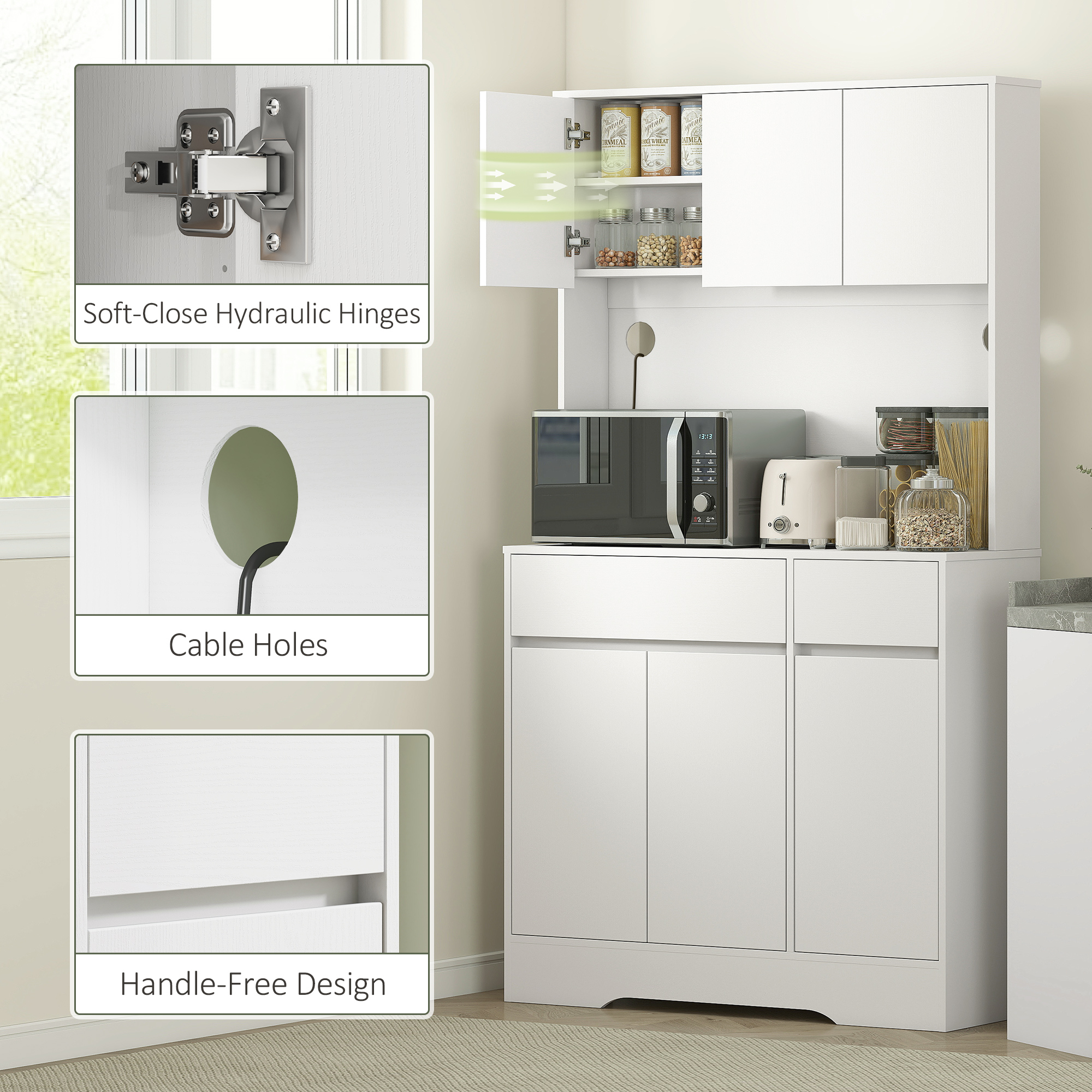  Bufet de Bucatarie Modern cu 4 Dulapuri, 2 Sertare si Rafturi Reglabile, 100x38x180 cm, Alb [5]