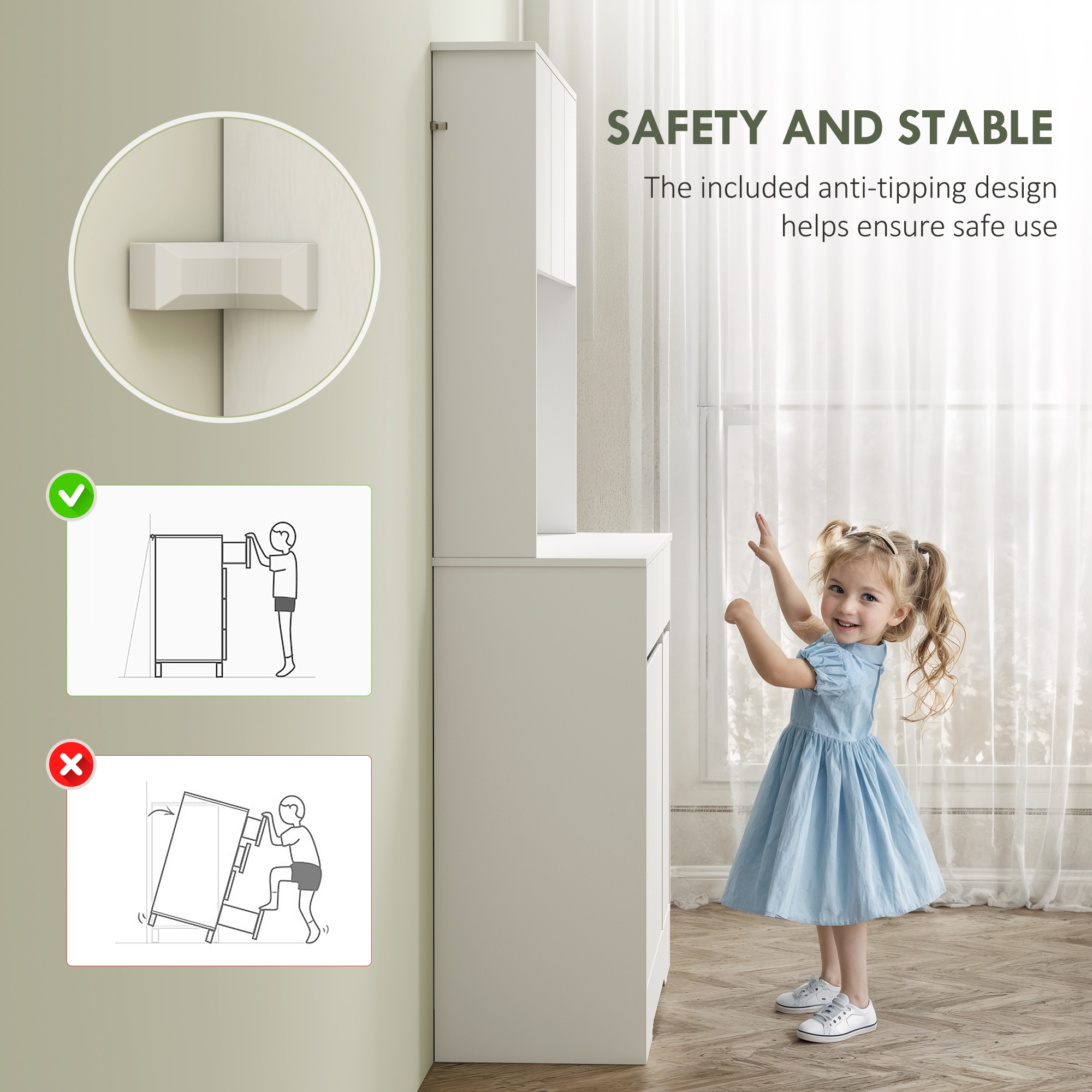  Bufet de Bucatarie Modern cu 4 Dulapuri, 2 Sertare si Rafturi Reglabile, 100x38x180 cm, Alb [6]