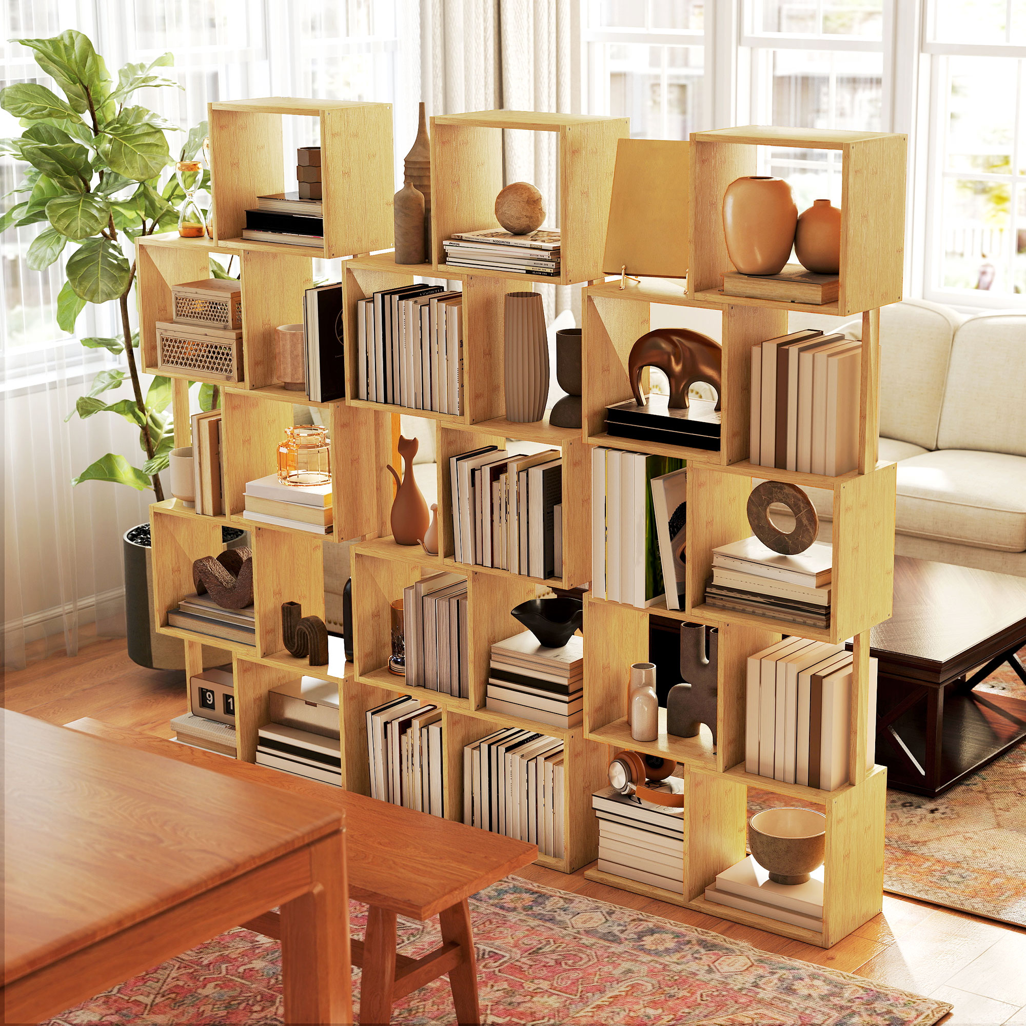  Librarie moderna si asimetrica cu 5 niveluri din bambus, 62.5 x 23 x 165 cm, lemn [7]