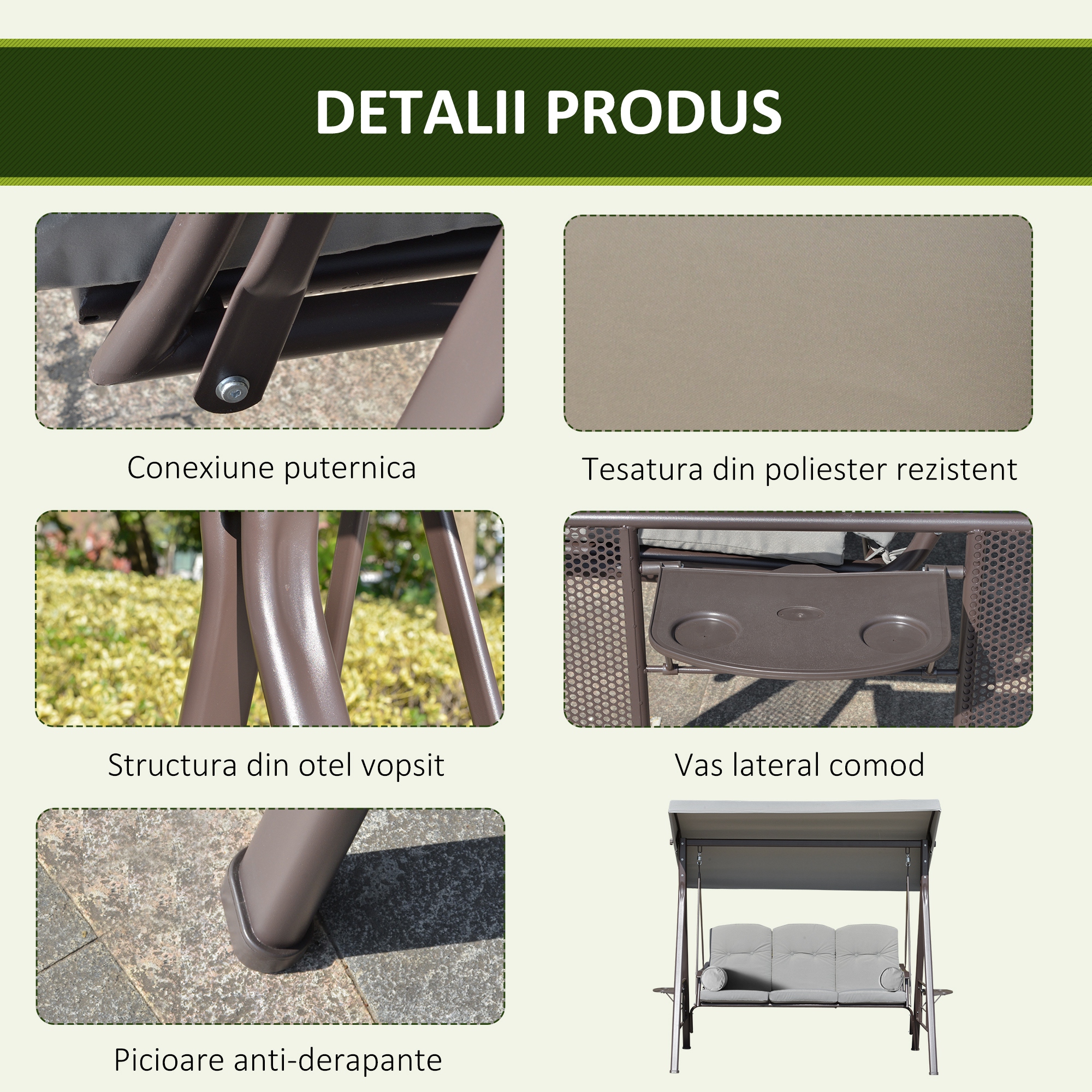  Balansoar Exterior 3 Locuri cu Cadru din Otel, Acoperis si Perne Incluse, Gri Deschis [4]