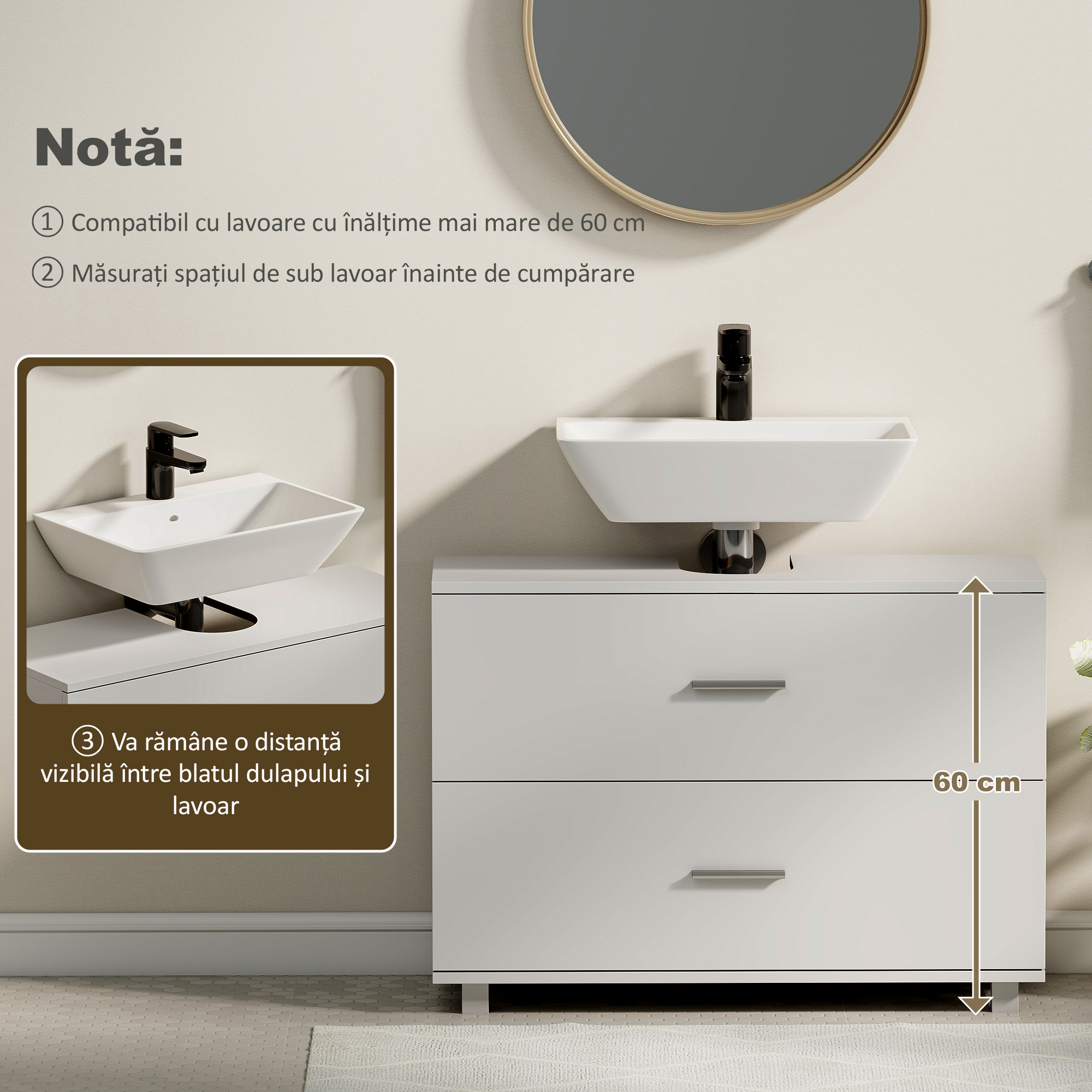  Dulap Sub Lavoar pentru Baie cu 2 Sertare, Dulap Modern si Economisitor de Spatiu pentru Lavoare Fara Piedestal, 80x30x60 cm, Alb [4]