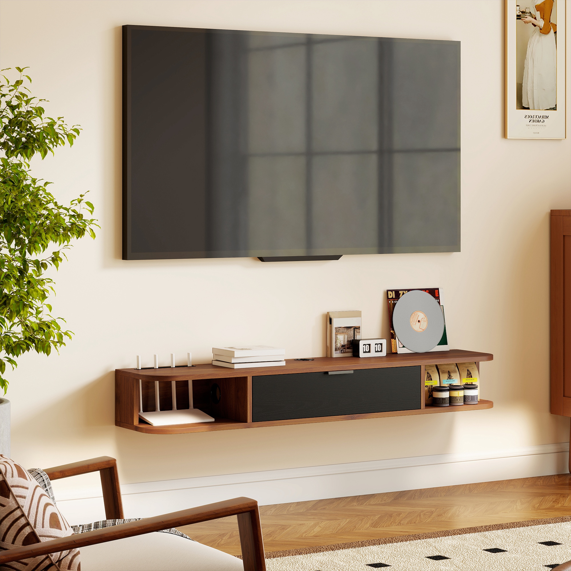  Mobilier TV Suspendat, Suport TV Pana la 50" cu Sertar Rabatabil, 2 Rafturi Deschise si Orificiu pentru Cabluri, Mobilier pentru Televizor pentru Sufragerie, Dormitor si Sala de Stat, 120x24x16 cm, N [8]