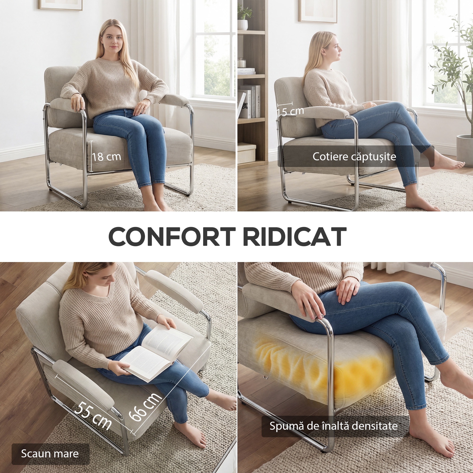  Fotoliu Living cu Tapiterie Groasa, sezut Spatios, Cusaturi Duble, Fotoliu pentru Dormitor din Chenille Moale, Usor de Asamblat, Cadru din Otel, pentru Sufragerie, Birou, Bej [3]