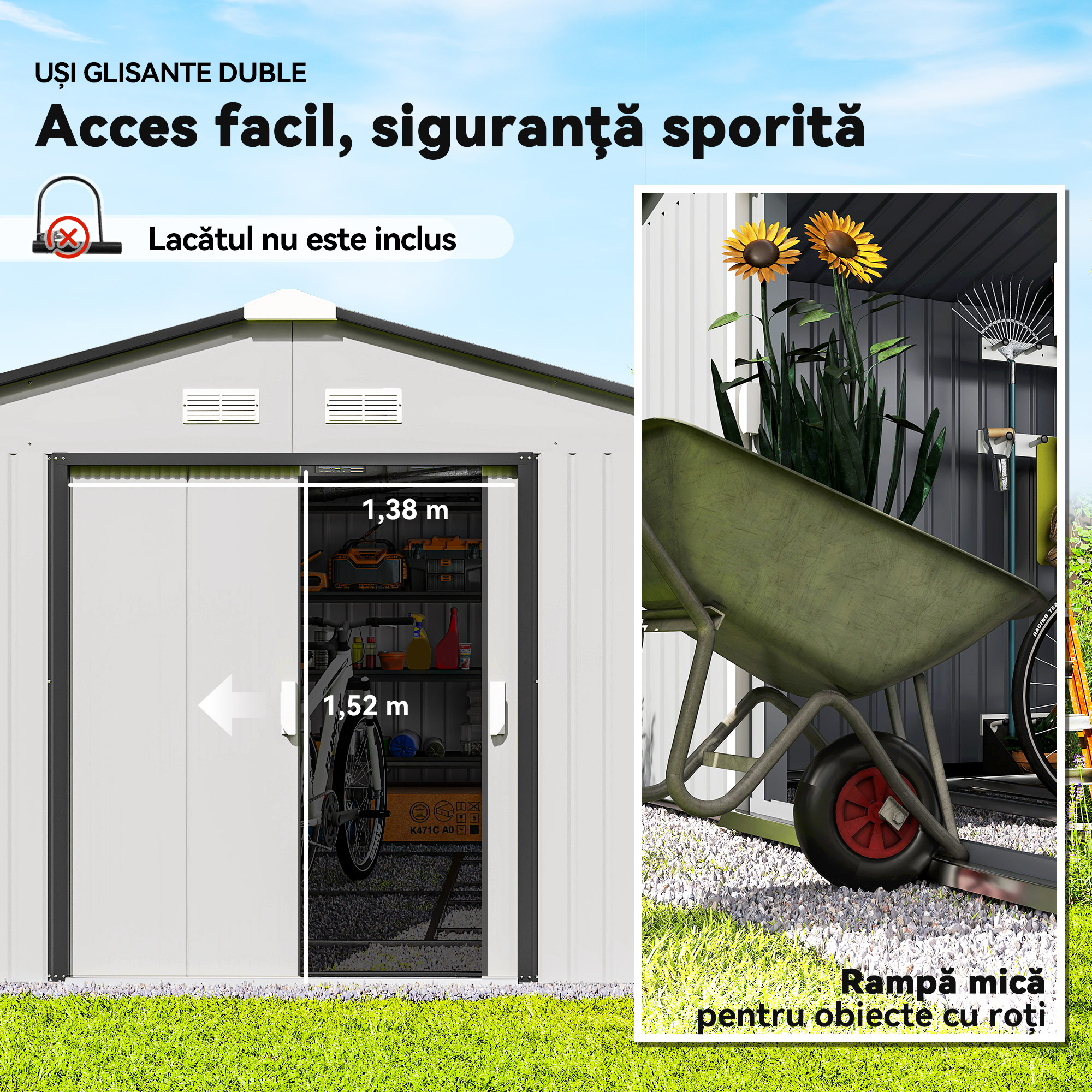  Magazie de Gradina 12,4 m² 340x386x200 cm cu Usi Glisante, Acoperis inclinat si 4 Guri de Aerisire, Alba [4]