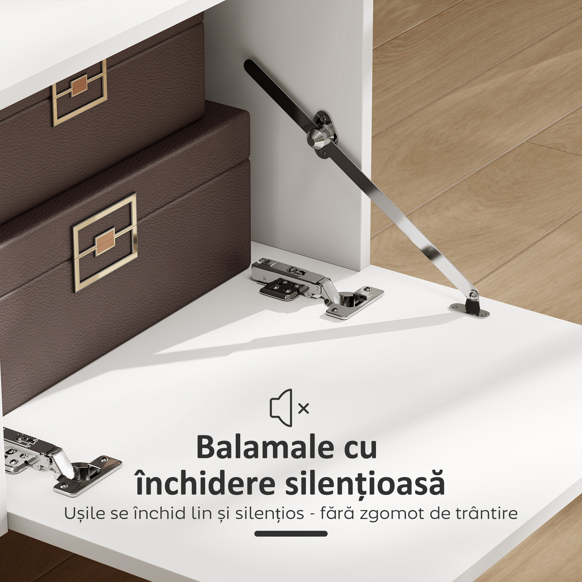  Mobilier TV, Suport TV pana la 70" cu 2 Usi Rabatabile, Balamale Soft Close, Sertar, Raft Deschis, 8 Picioare, 150x35x45 cm, Alb si Lemn [5]