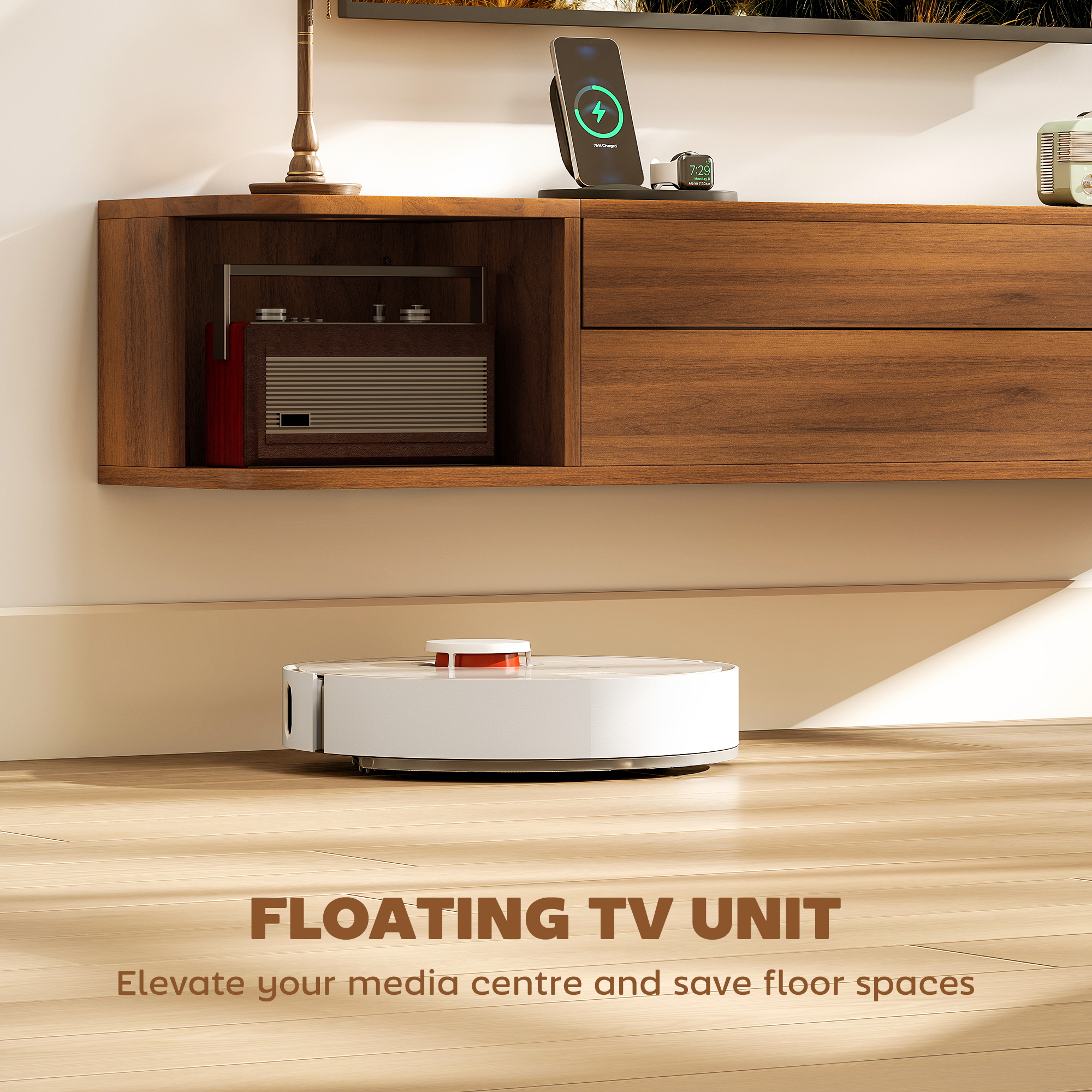  Suport TV suspendat pana la 50" cu prize de curent, USB si tip C, sertar si rafturi, 120x24x22.4 cm, Nuc [5]