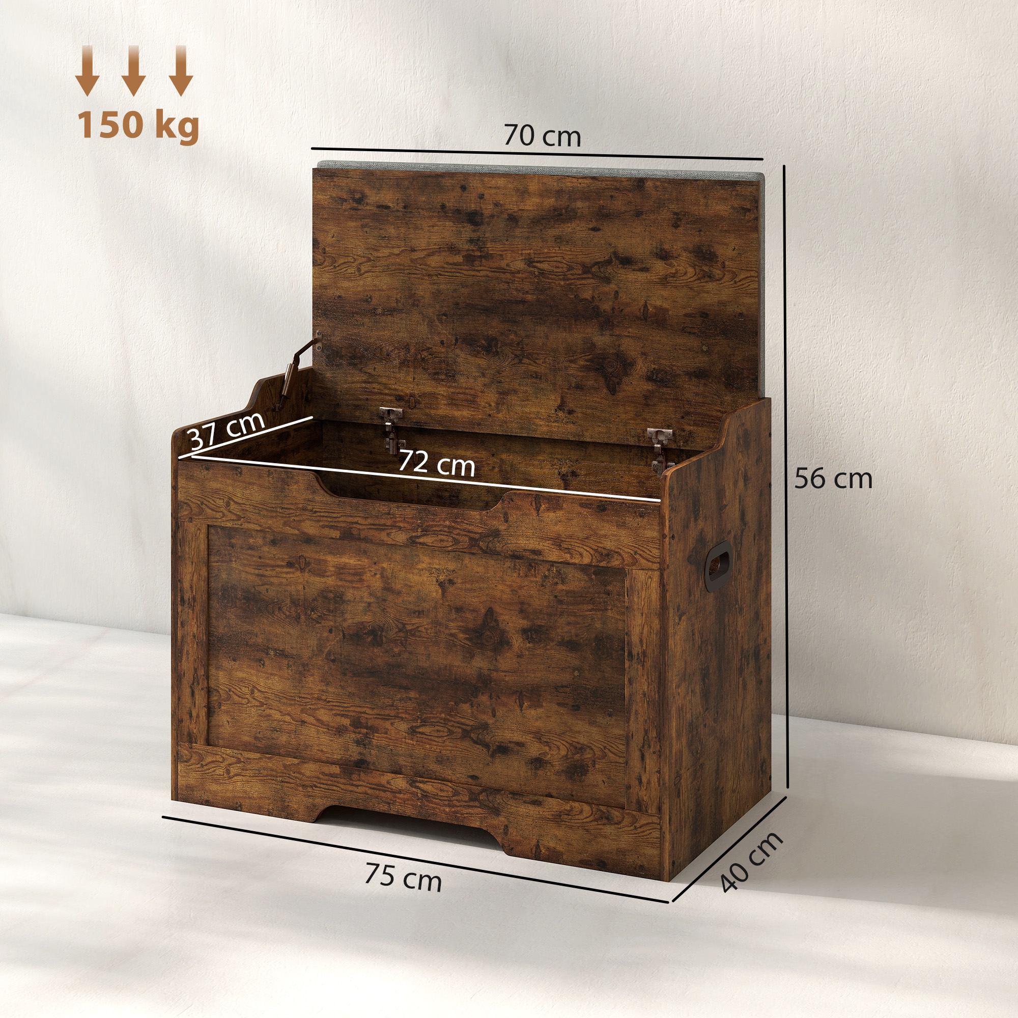  Banca de Depozitare de 103L Multifunctionala, nuanta de Lemn cu Perna din tesatura Gri, 75x40x56 cm [2]