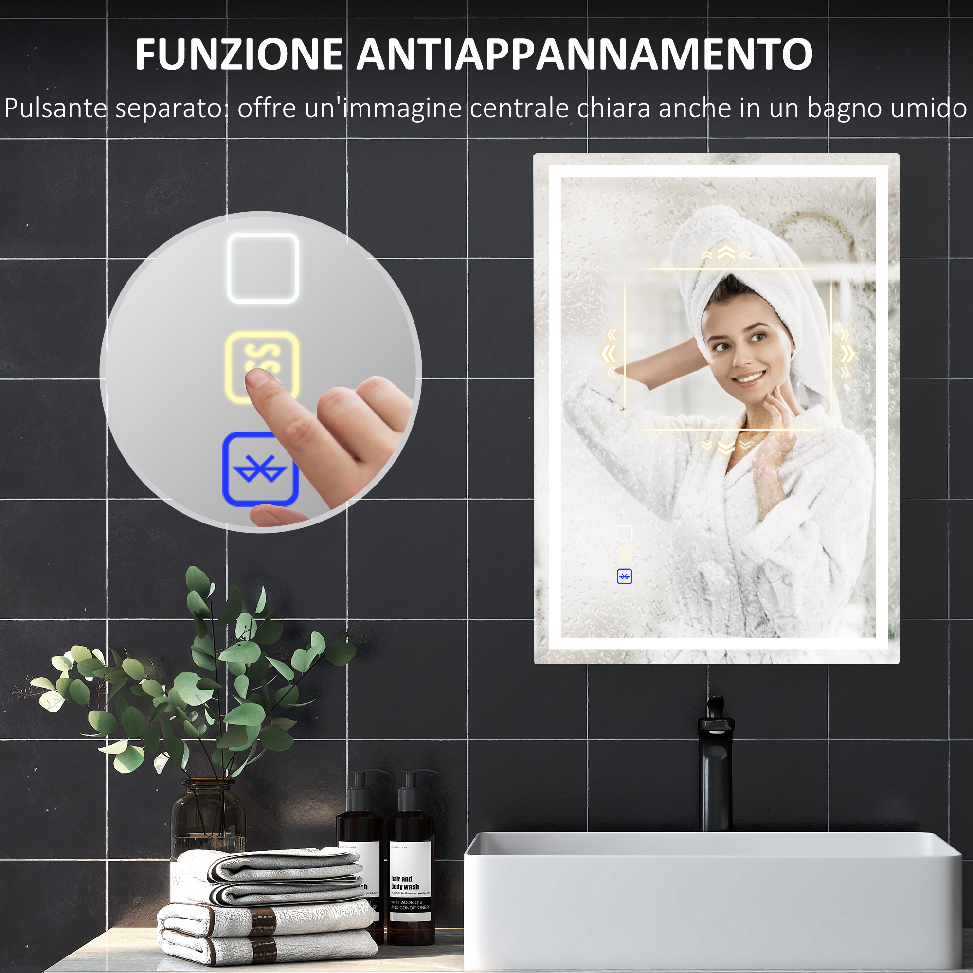 Specchio Da Parete Per Bagno Con Luci LED, Bluetooth E Anti-appannamento - Dimmerabile Con Orologio E Temperatura - 2