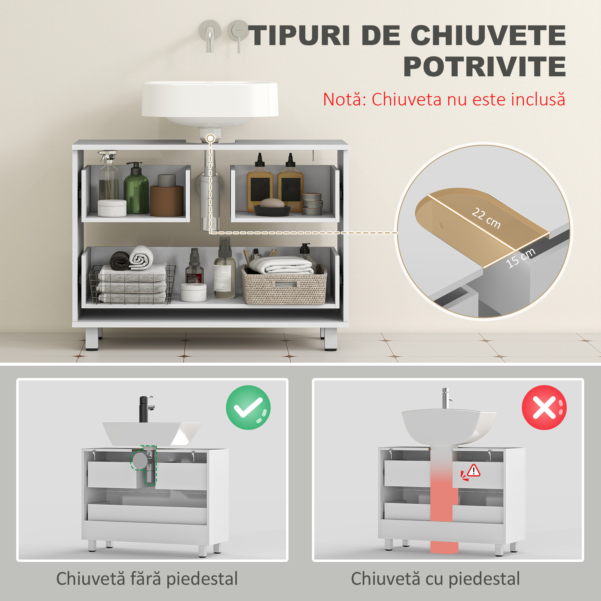  Dulap Sub Lavoar pentru Baie cu 2 Sertare, Dulap Modern si Economisitor de Spatiu pentru Lavoare Fara Piedestal, 80x30x60 cm, Alb [3]