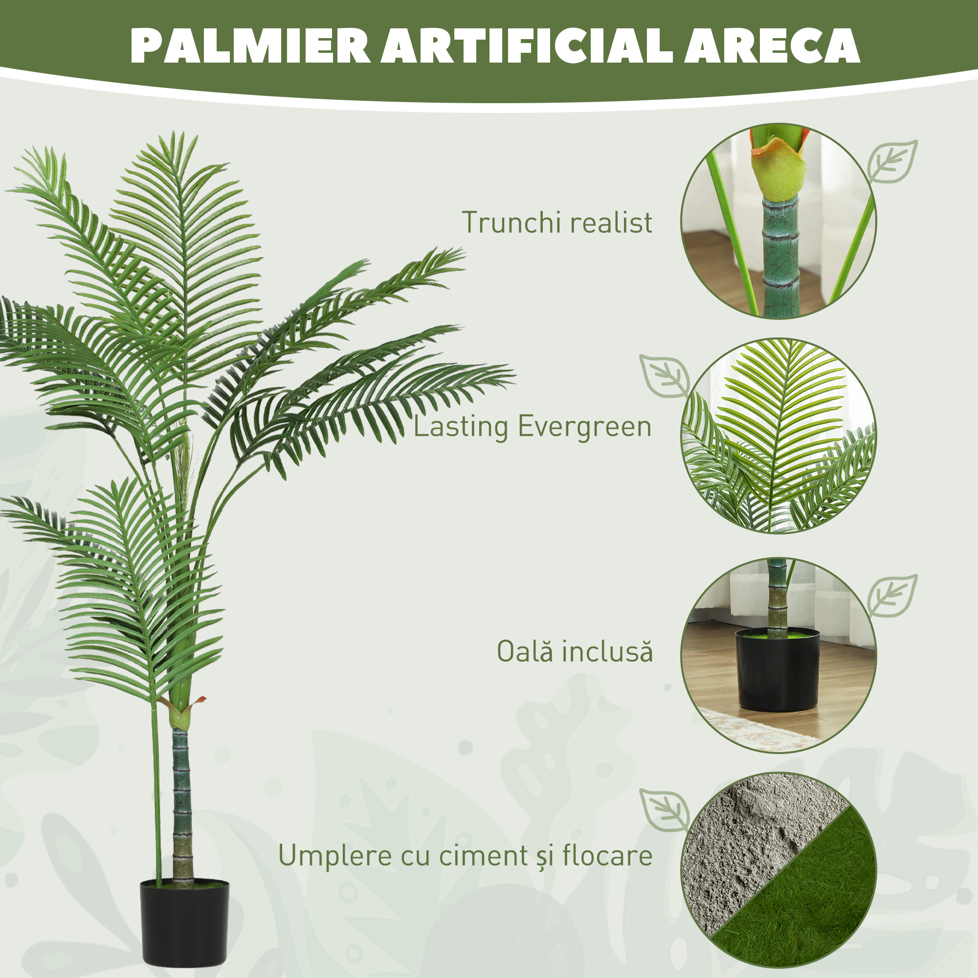  Palma Artificiala Areca inalta de 150 cm pentru Interioare cu Vas Verde [3]