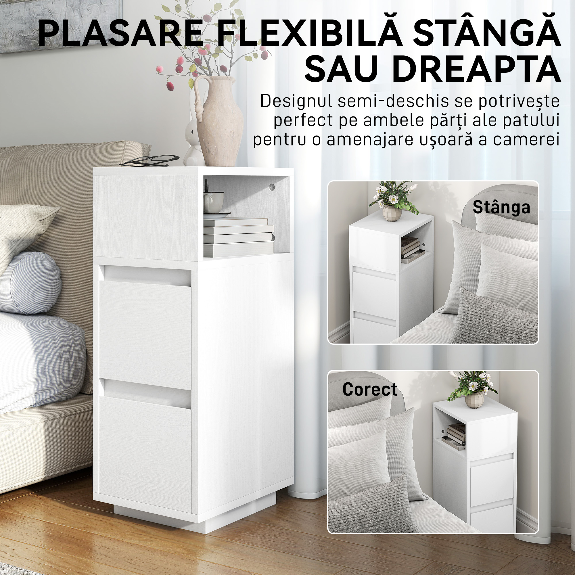  Set de 2 Noptiere Moderne cu 2 Sertare si Raft Deschis, 25x30x65 cm, Alb [5]