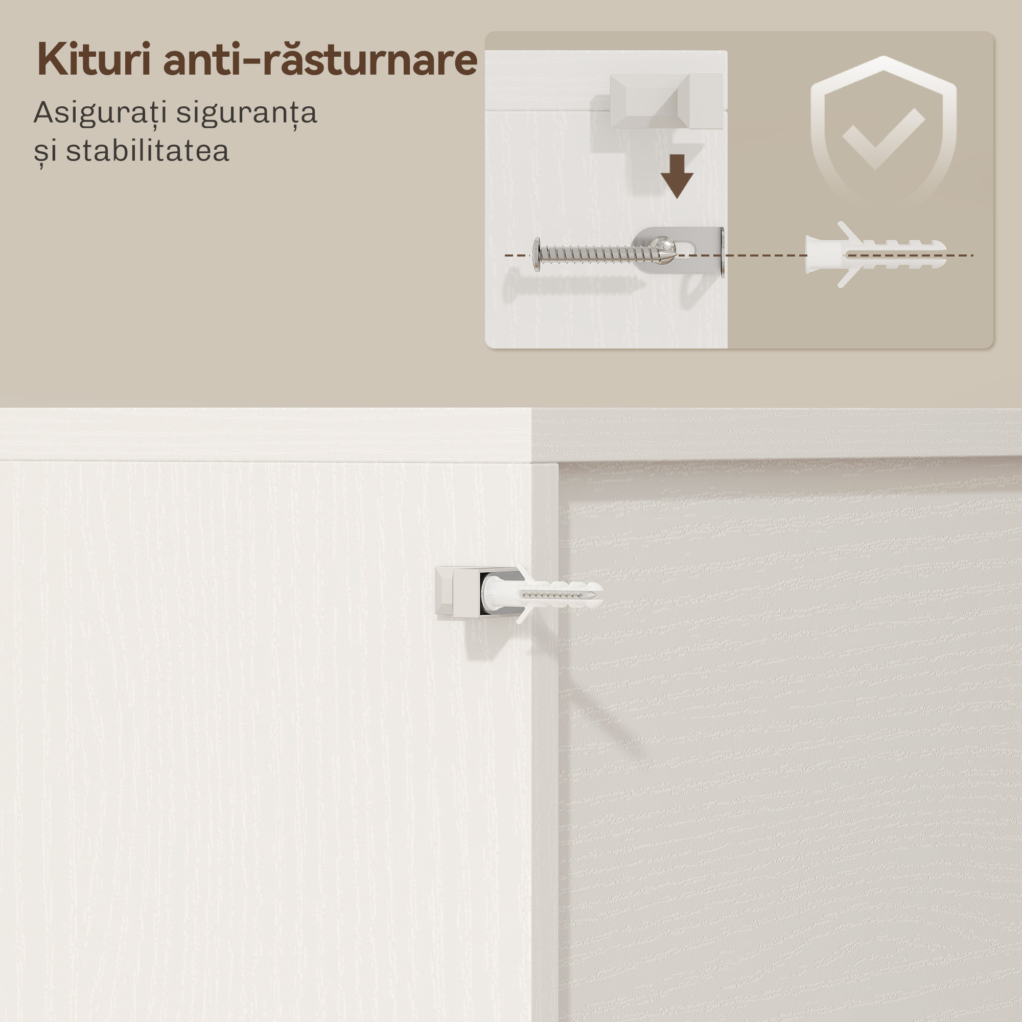  Bufet de Bucatarie Rustic 180cm, Dulap cu Priza de incarcare, Lumini LED, Suport pentru Sticle, Blat pentru Cuptor, Rafturi Deschise, Usi Glisante, Orificiu pentru Cabluri, Alb [7]