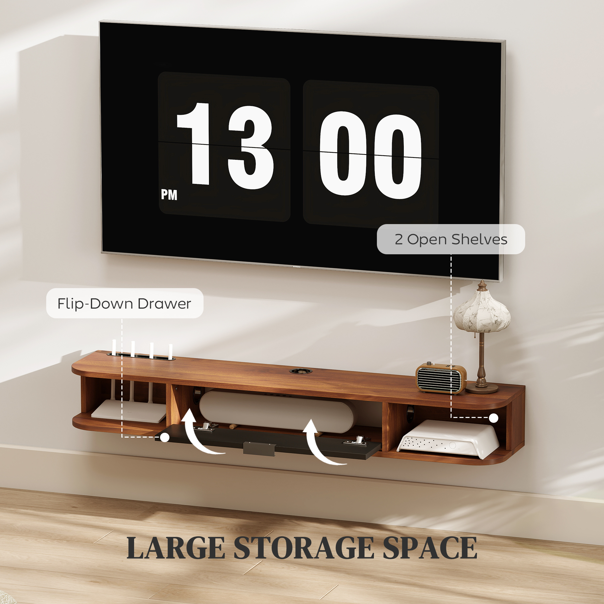  Mobilier TV Suspendat, Suport TV Pana la 50" cu Sertar Rabatabil, 2 Rafturi Deschise si Orificiu pentru Cabluri, Mobilier pentru Televizor pentru Sufragerie, Dormitor si Sala de Stat, 120x24x16 cm, N [4]