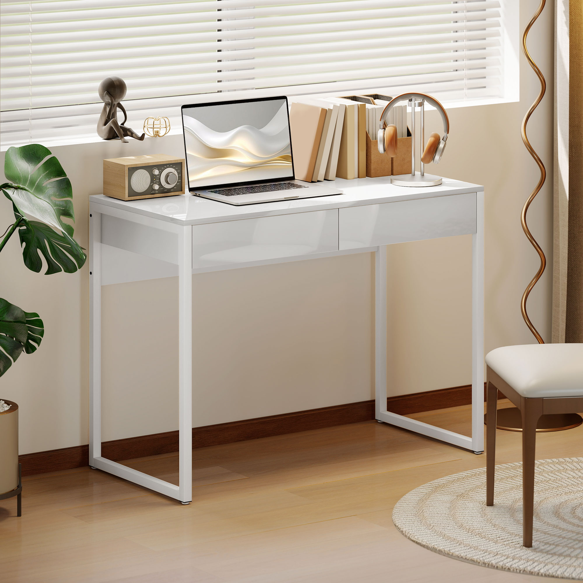  Birou Modern cu 2 Sertare si Picioare din Otel, 100x50x75 cm, Alb Lucios [1]