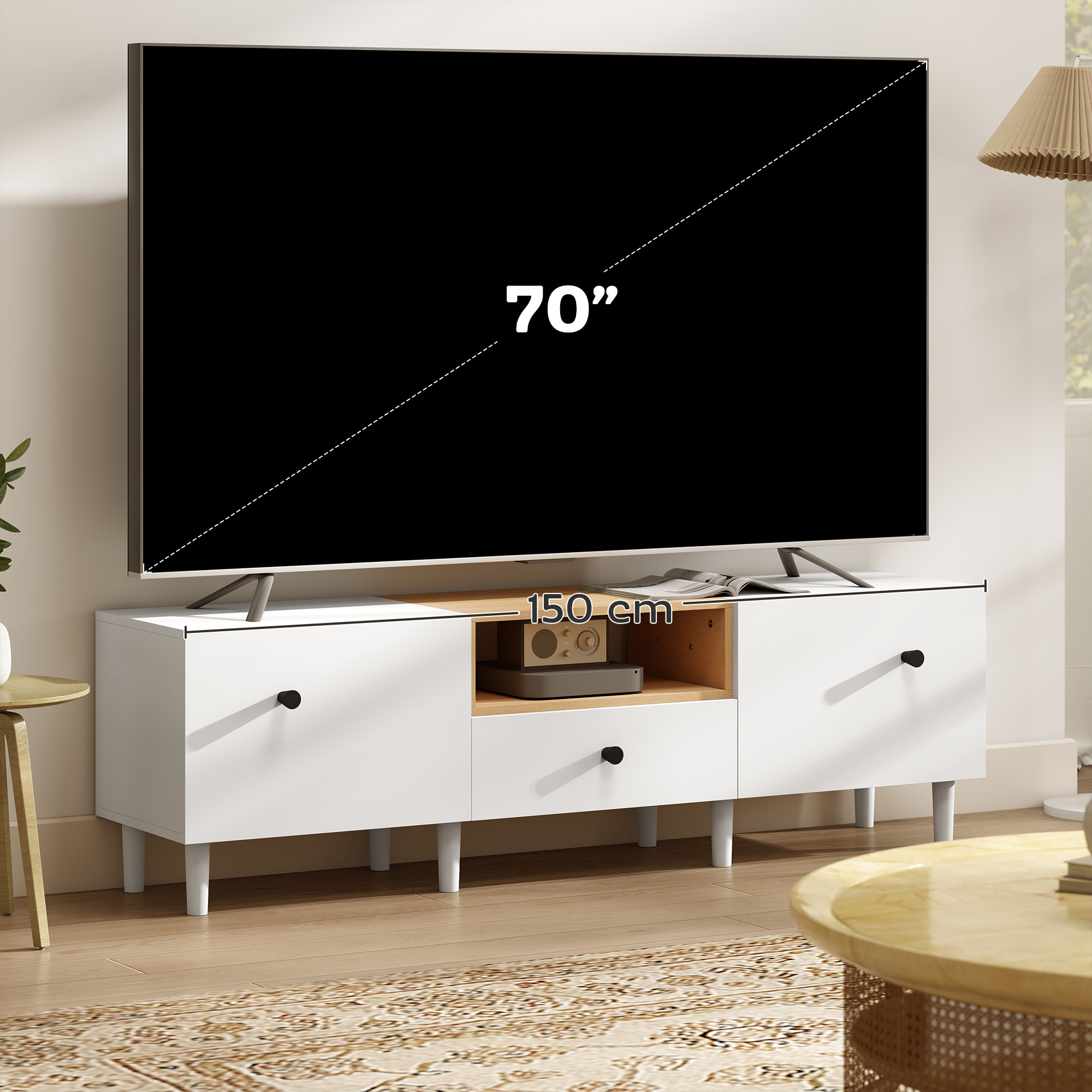  Mobilier TV, Suport TV pana la 70" cu 2 Usi Rabatabile, Balamale Soft Close, Sertar, Raft Deschis, 8 Picioare, 150x35x45 cm, Alb si Lemn [4]