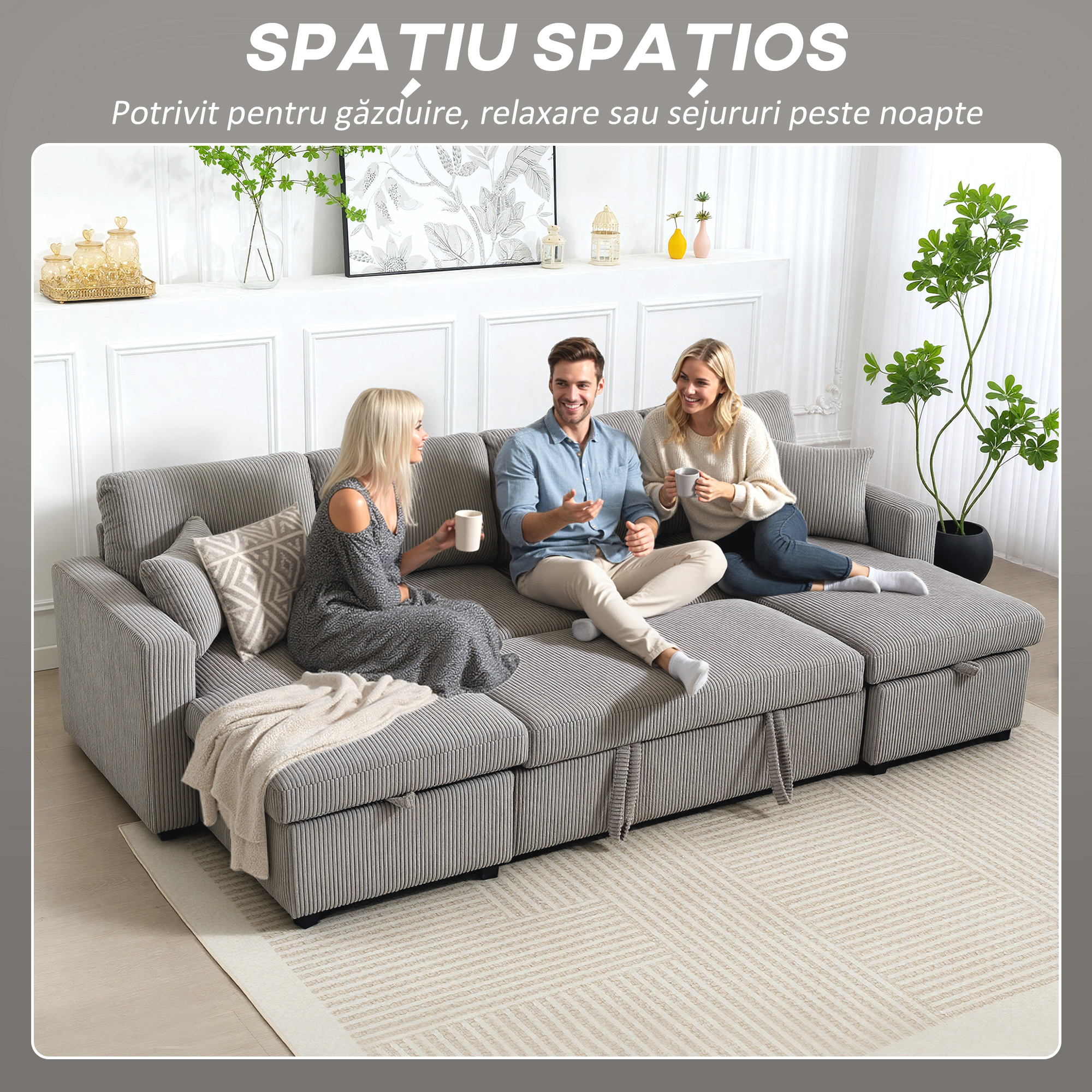  Canapea Extensibila Moderna in Forma de U si Spatii de Depozitare, Catifea Reiata, 282x140x86 cm, Gri [4]