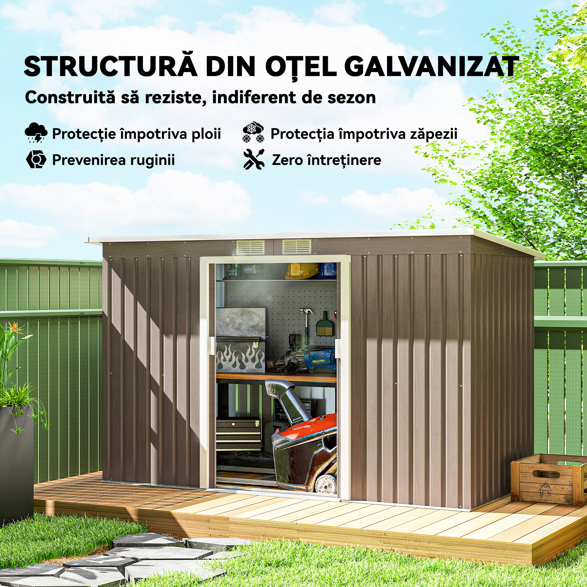  Depozit de Gradina din Otel cu 2 Ventilatii si 2 Usi Glisante, 280x130x172 cm, Maro Lemn [3]