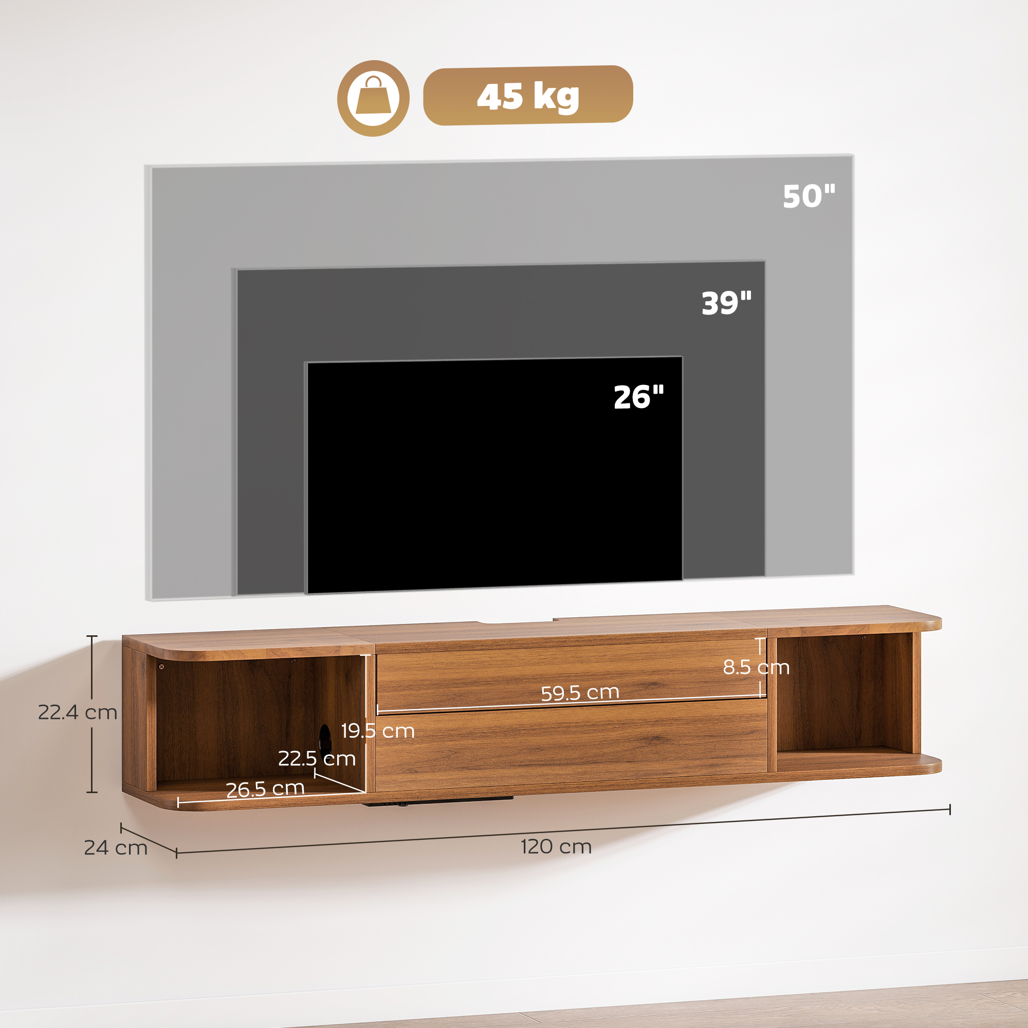  Suport TV suspendat pana la 50" cu prize de curent, USB si tip C, sertar si rafturi, 120x24x22.4 cm, Nuc [2]