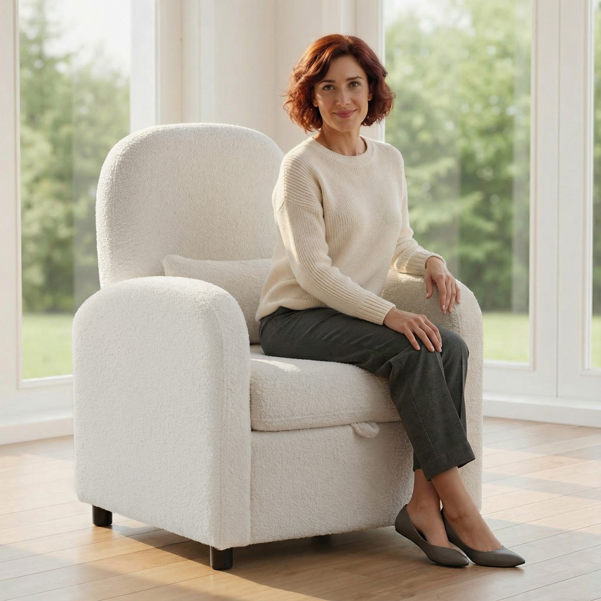  Fotoliu de Salon Tapitat cu Spatiu de Depozitare Ascuns, Spatar inalt, Fotoliu Modern cu Cotiere, Perna Lombara si sezut Spatios, din Plus Teddy, pentru Dormitor si Sufragerie, Crem [1]