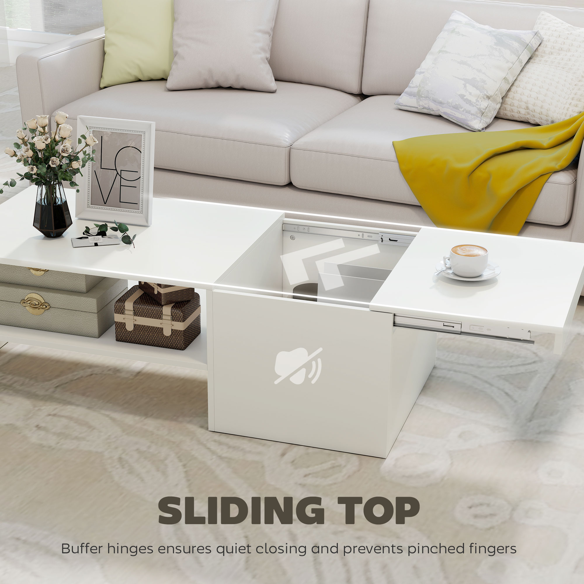  Masuta de Cafea din Lemn cu Blat Glisant si Raft Deschis si Ascuns, 110x52x36 cm, Alb [3]