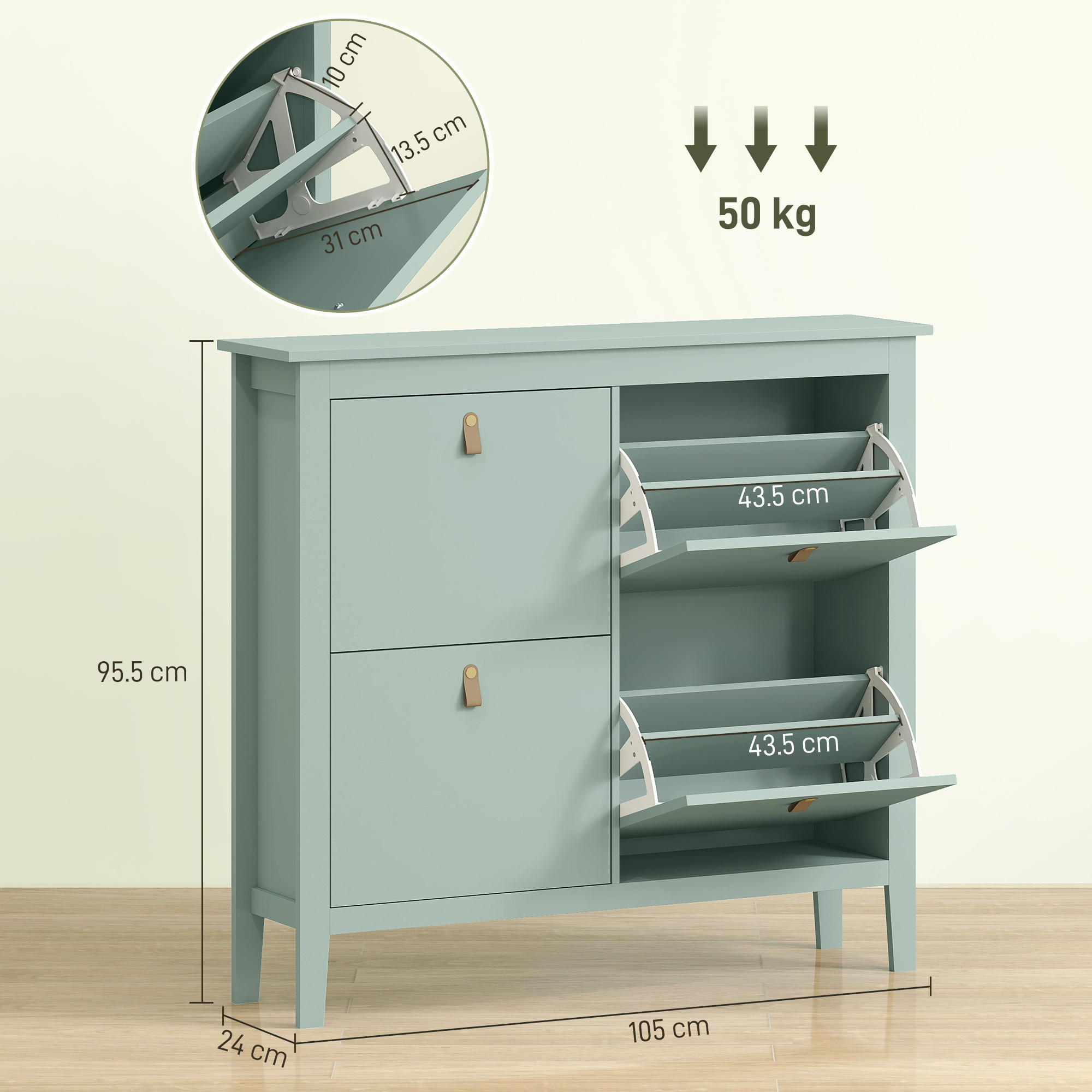  Dulap pentru pantofi 20 perechi, dulap cu 4 sertare rabatabile, rafturi reglabile, verde [2]