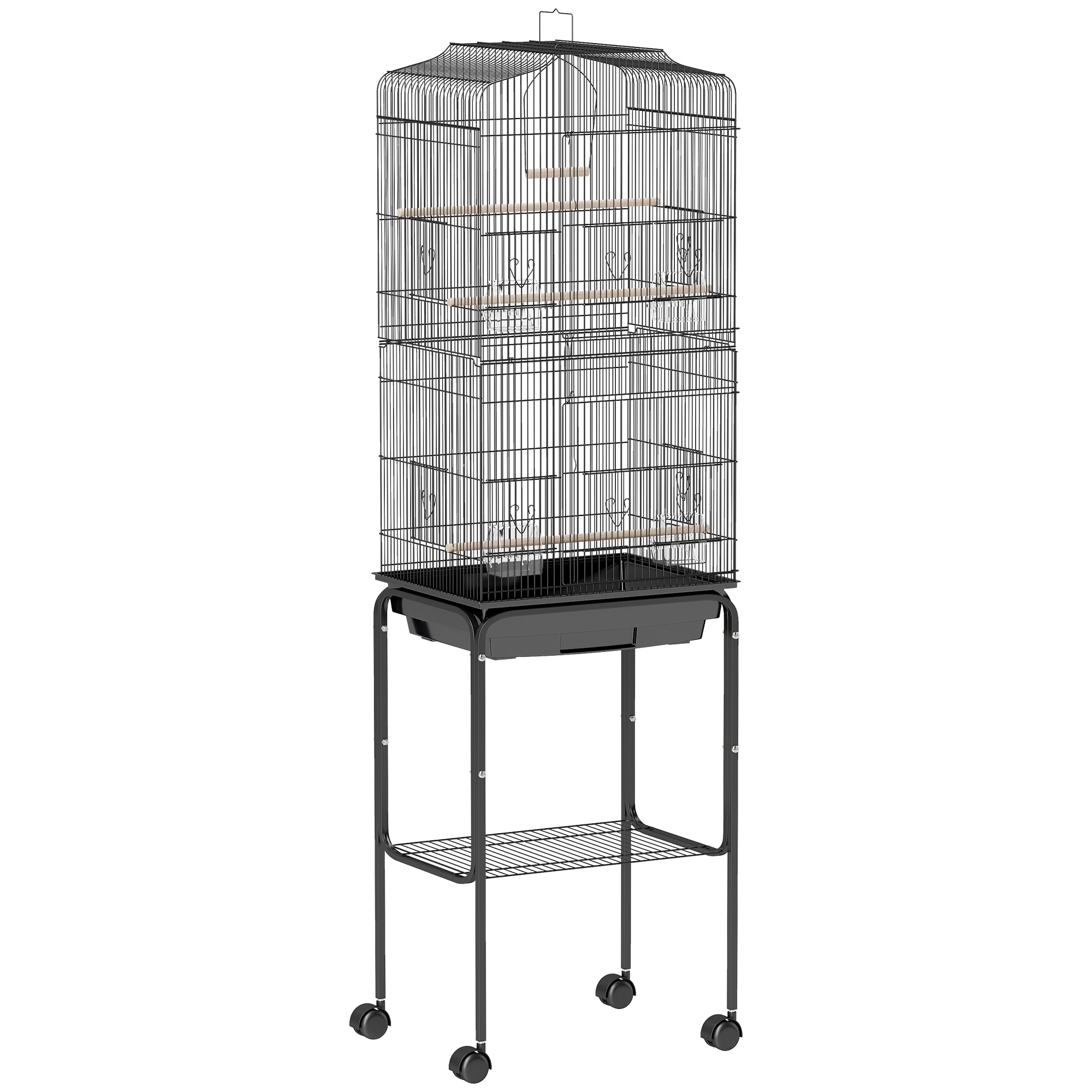 PawHut Jaula para Pájaros con Soporte Metálica de Aves con 4 Ruedas Puertas Bandeja Extraíble y Estante Inferior 46,5x36x157 cm Negro | Aosom España