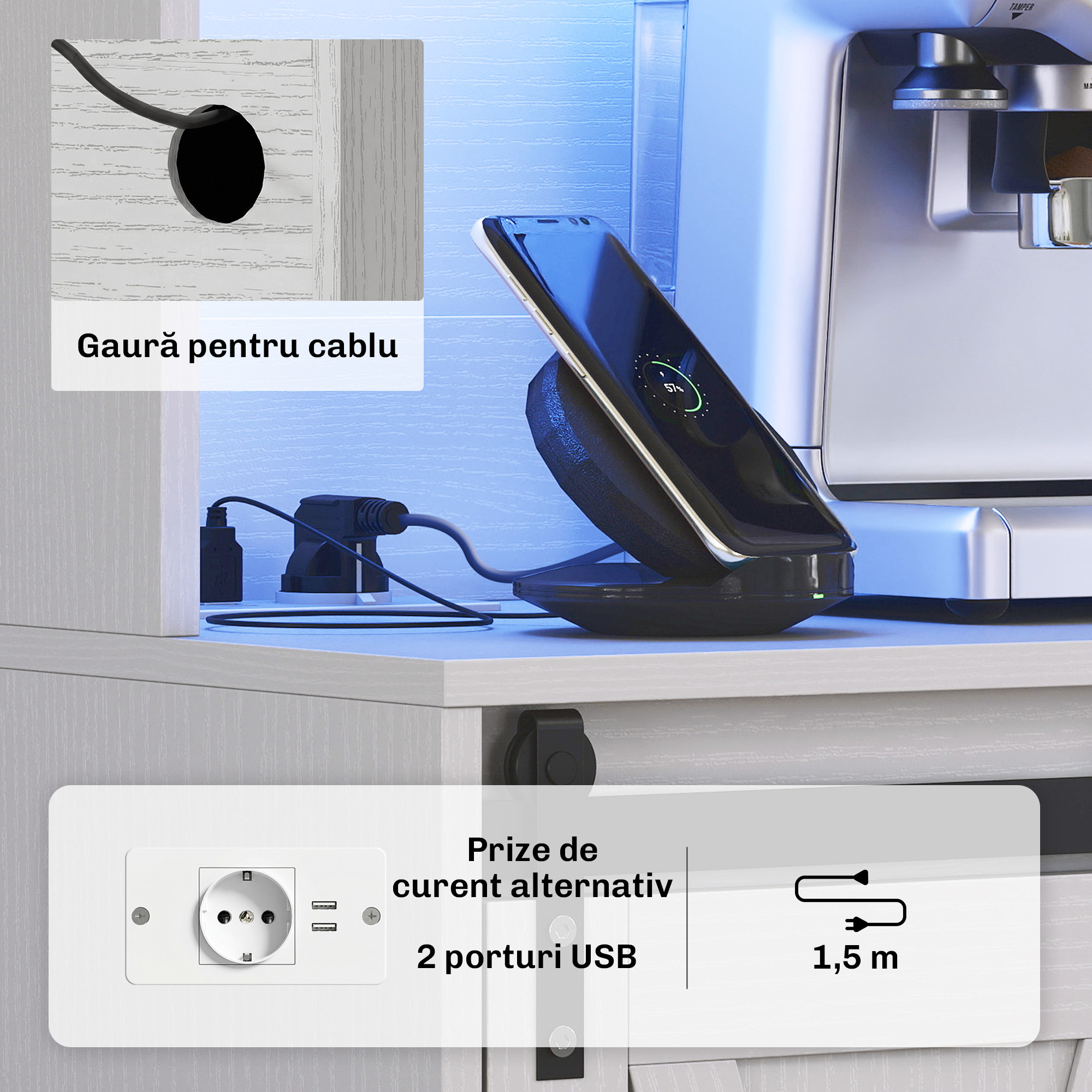  Bufet de Bucatarie Rustic 180cm, Dulap cu Priza de incarcare, Lumini LED, Suport pentru Sticle, Blat pentru Cuptor, Rafturi Deschise, Usi Glisante, Orificiu pentru Cabluri, Alb [4]