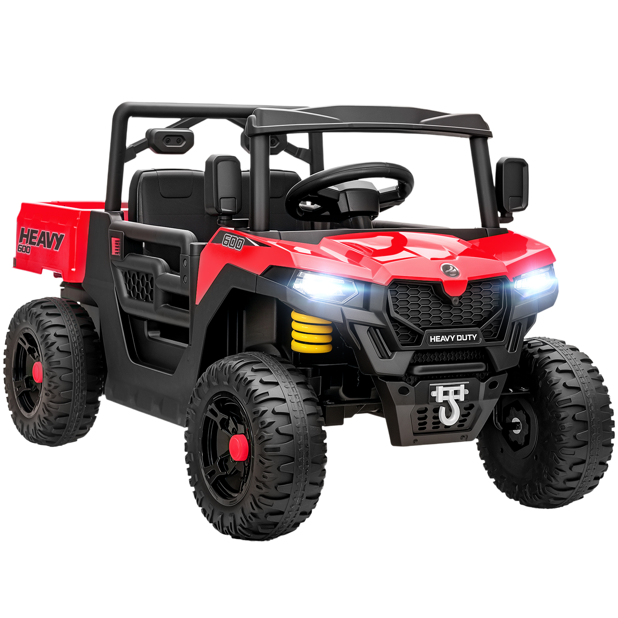 AIYAPLAY Mașină Electrică pentru Copii UTV 12V Off-road cu Portbagaj, 2 Motoare, Centură în 3 Puncte, Telecomandă, Suspensii, USB, Muzică, Lumini, 1.8-3.7 km/h, 3-8 Ani, Roșu | Aosom Romania